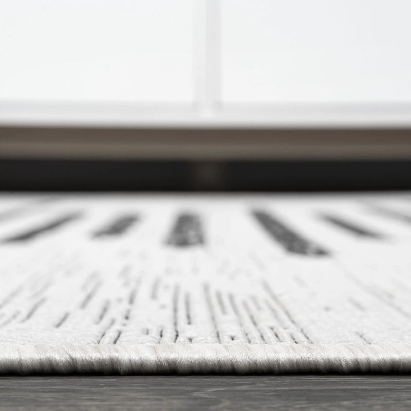 8' Ivory And Black Square Striped Indoor Outdoor Area Rug - GreatEagleInc