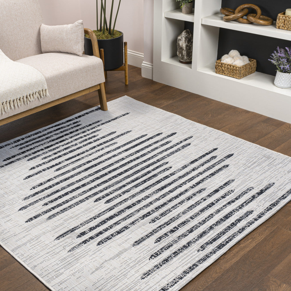 8' Ivory And Black Square Striped Indoor Outdoor Area Rug - GreatEagleInc
