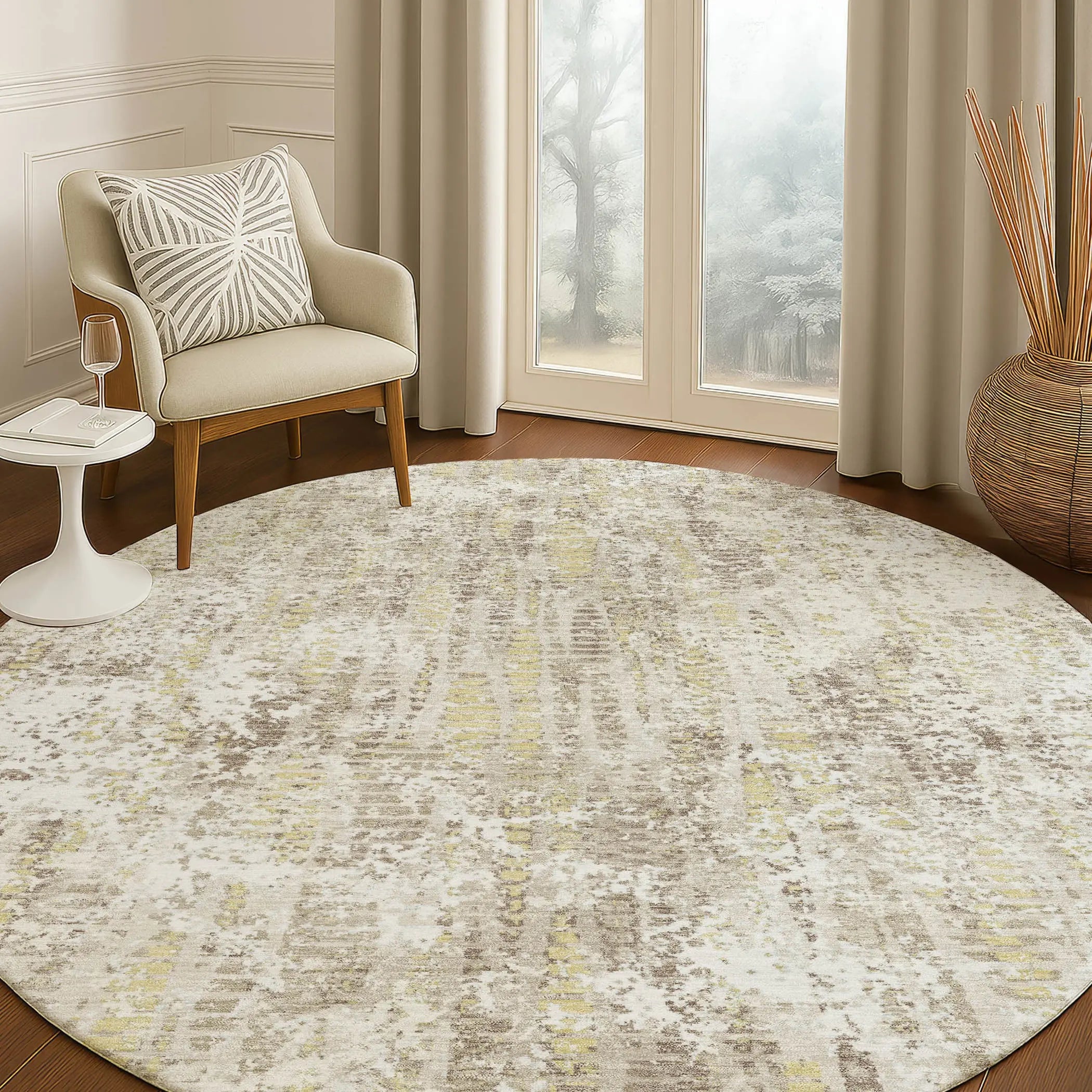 8' Ivory And Blue Round Abstract Washable Indoor Outdoor Area Rug Homeroots Outdoor