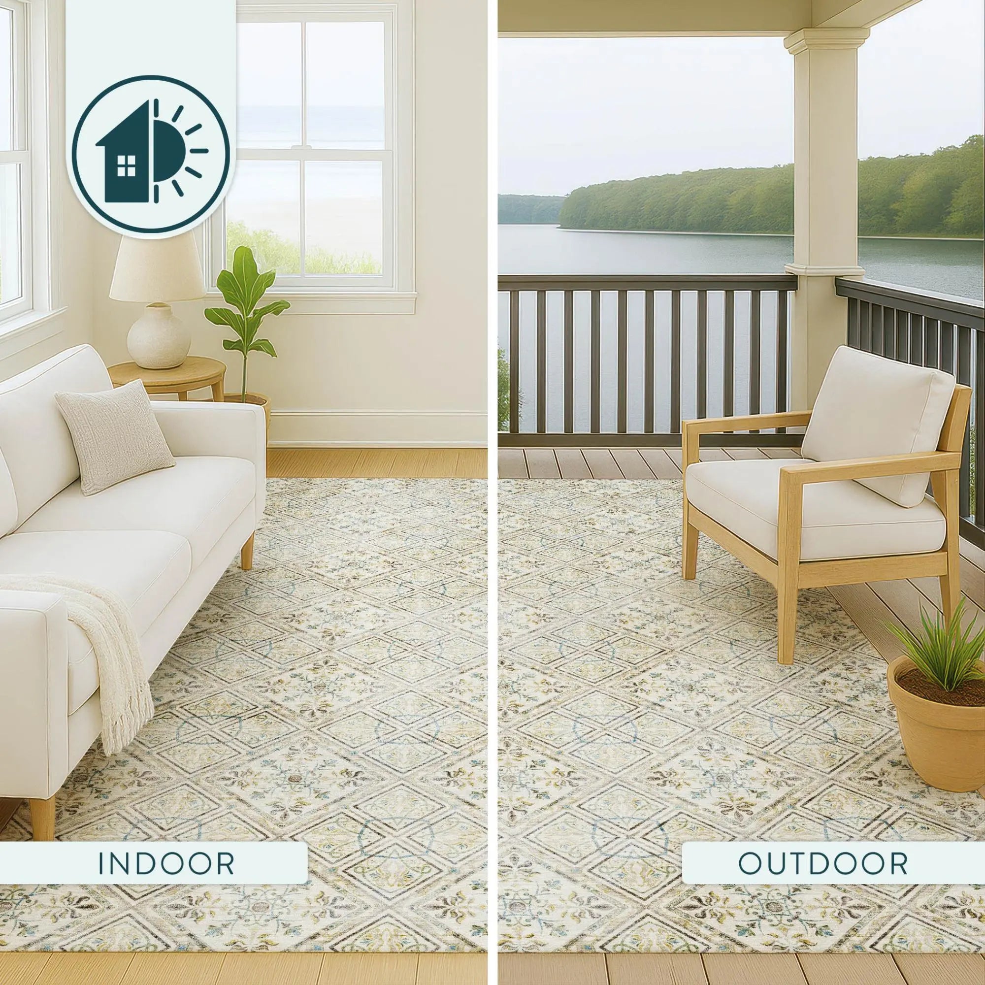 8' Ivory And Blue Round Geometric Washable Indoor Outdoor Area Rug Homeroots Outdoor