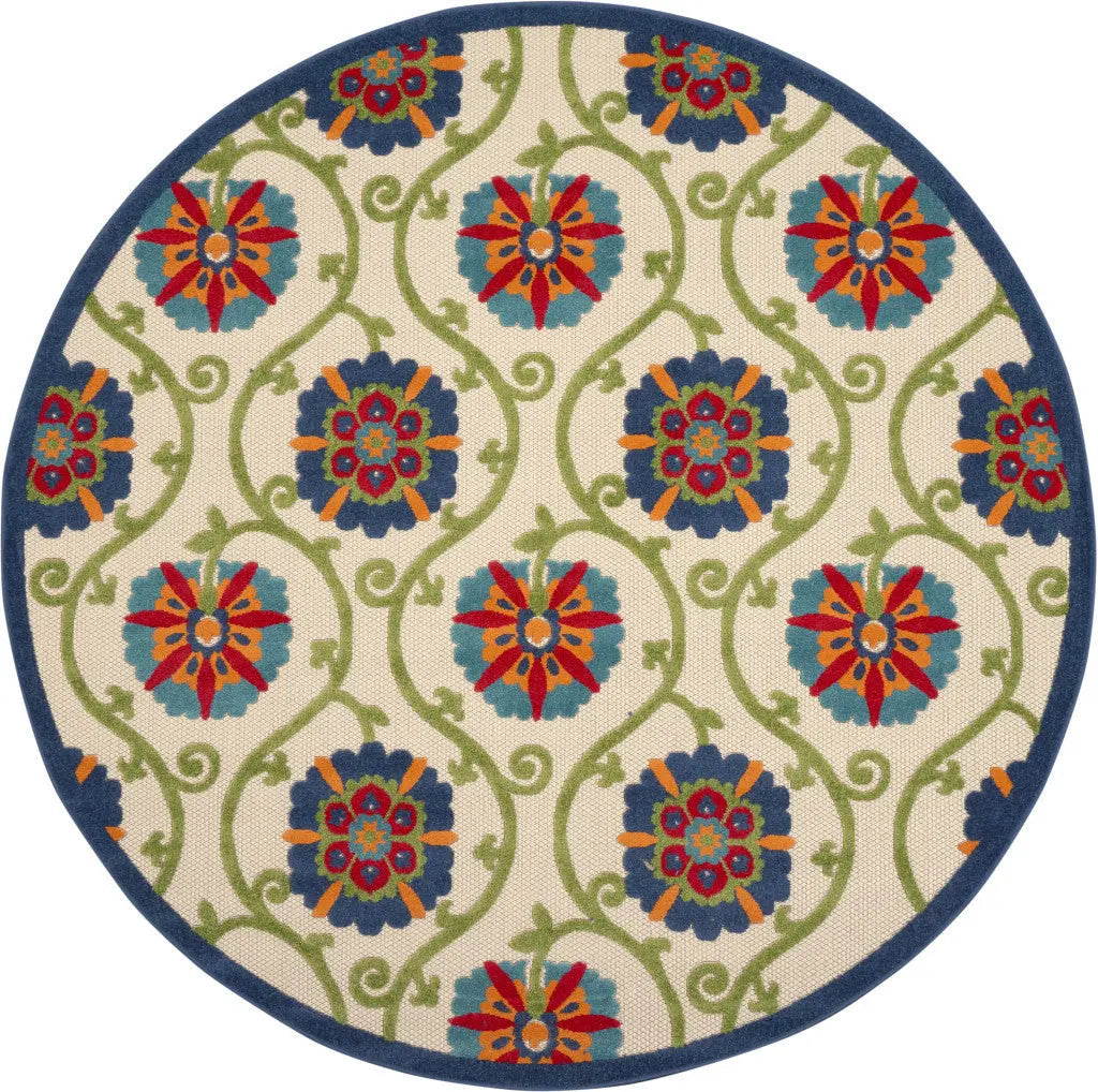 8' Ivory And Blue Round Indoor Outdoor Area Rug - GreatEagleInc