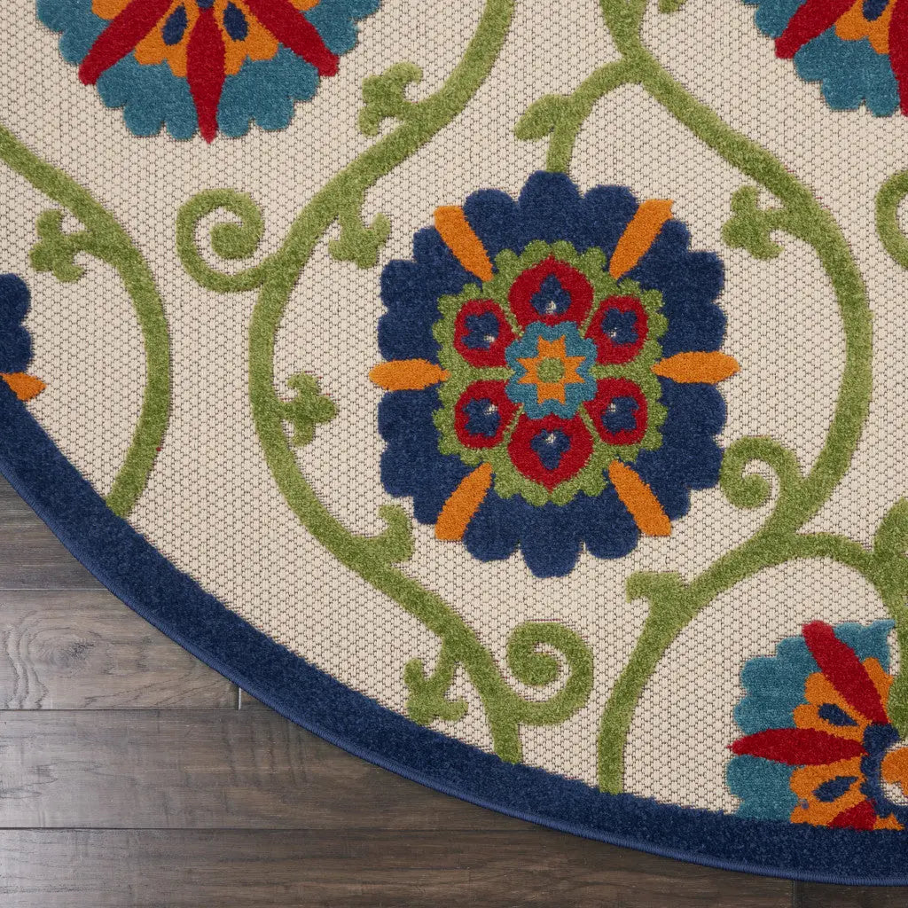 8' Ivory And Blue Round Indoor Outdoor Area Rug - GreatEagleInc