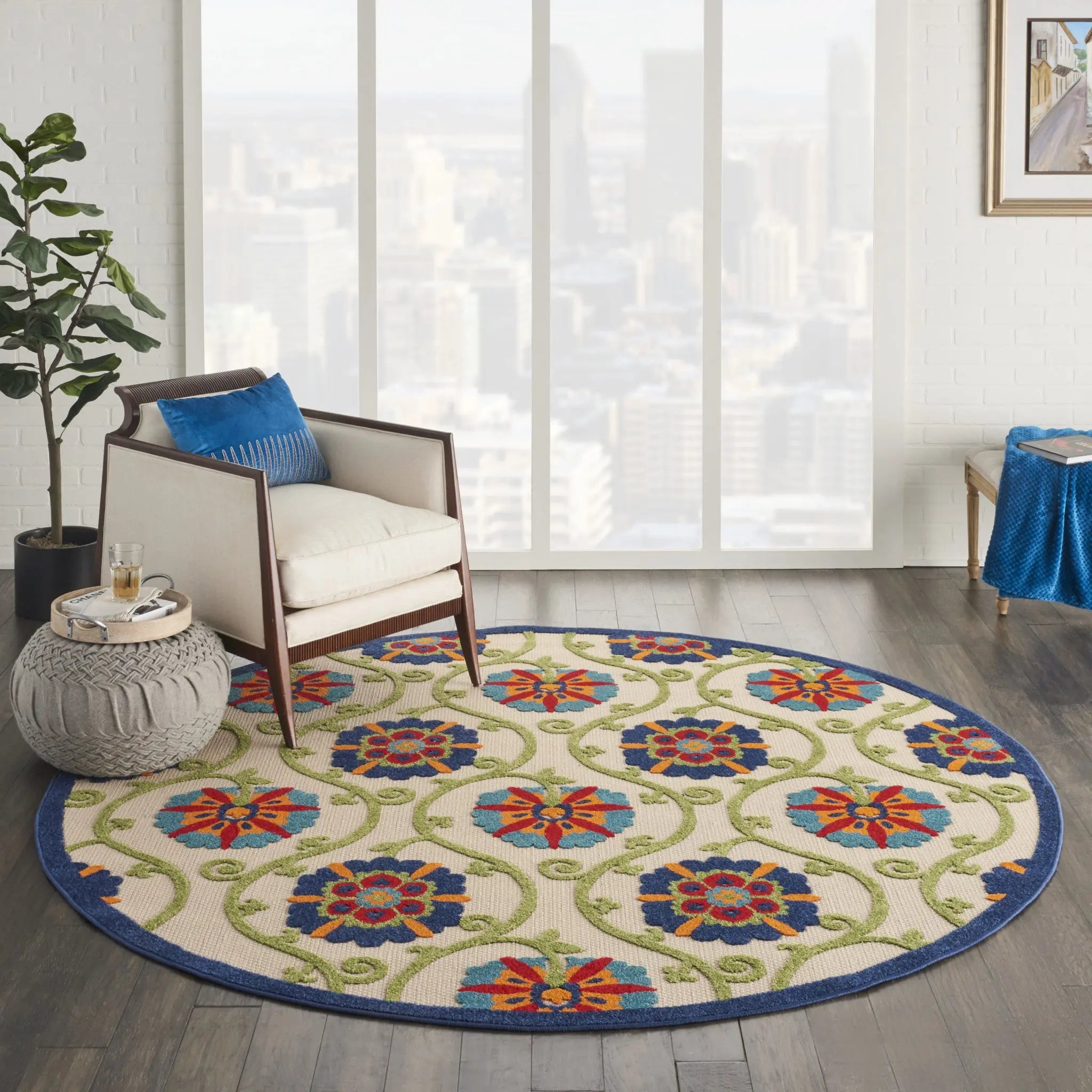 8' Ivory And Blue Round Indoor Outdoor Area Rug - GreatEagleInc