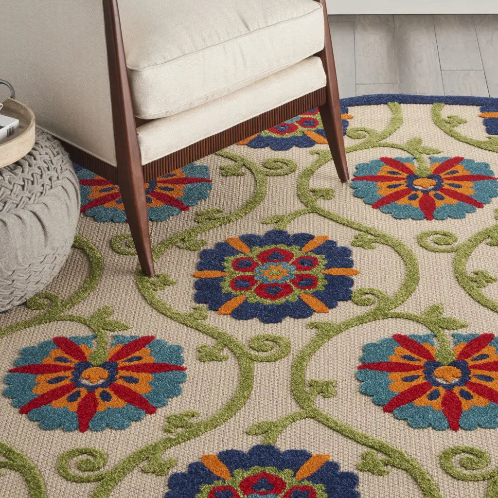 8' Ivory And Blue Round Indoor Outdoor Area Rug - GreatEagleInc