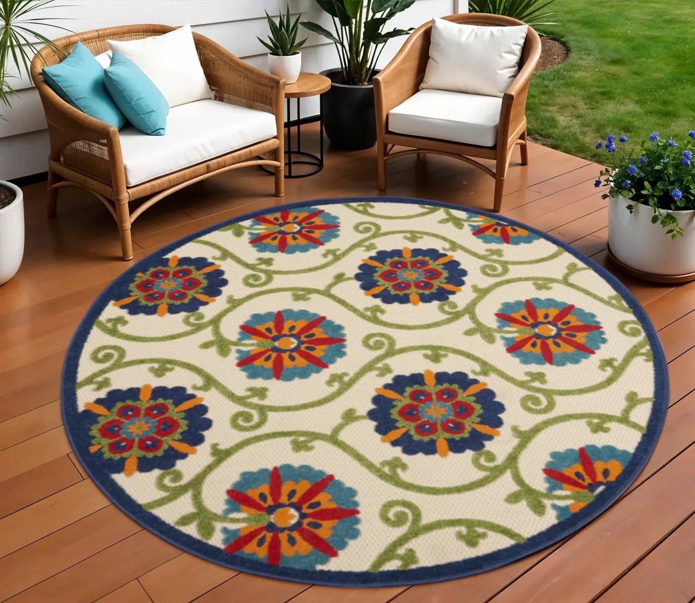 8' Ivory And Blue Round Indoor Outdoor Area Rug - GreatEagleInc
