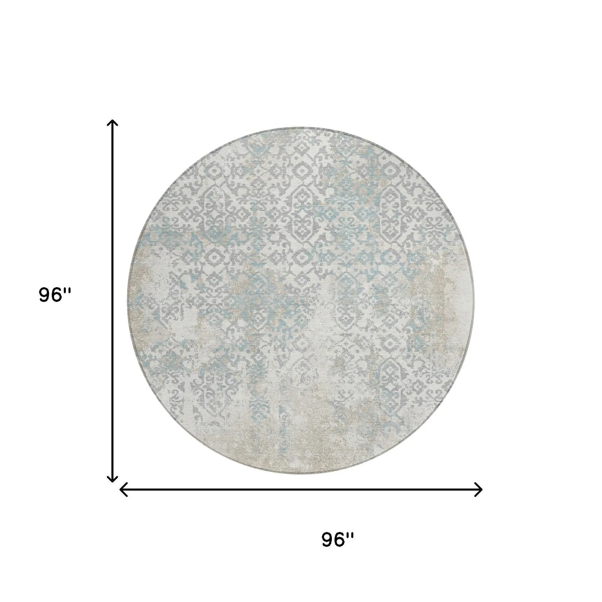 8' Ivory And Blue Round Oriental Washable Indoor Outdoor Area Rug Homeroots Outdoor