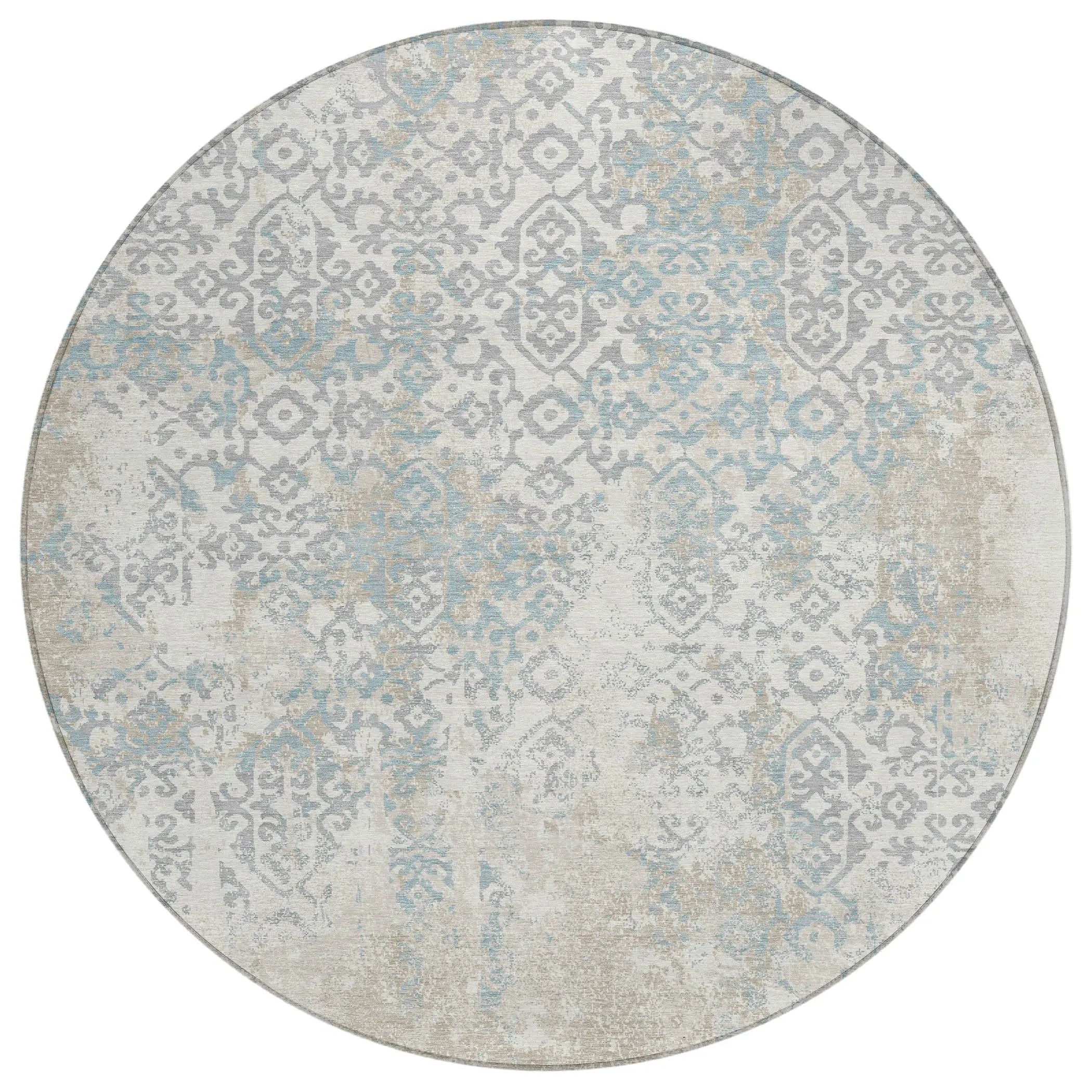 8' Ivory And Blue Round Oriental Washable Indoor Outdoor Area Rug Homeroots Outdoor