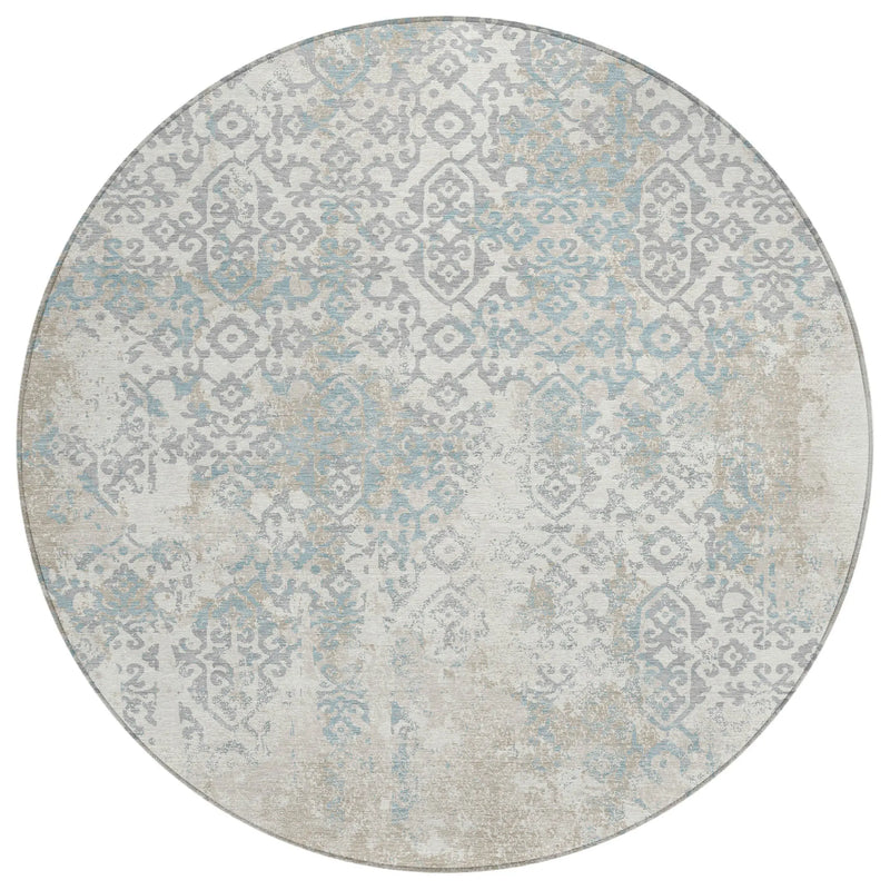 8' Ivory And Blue Round Oriental Washable Indoor Outdoor Area Rug Homeroots Outdoor
