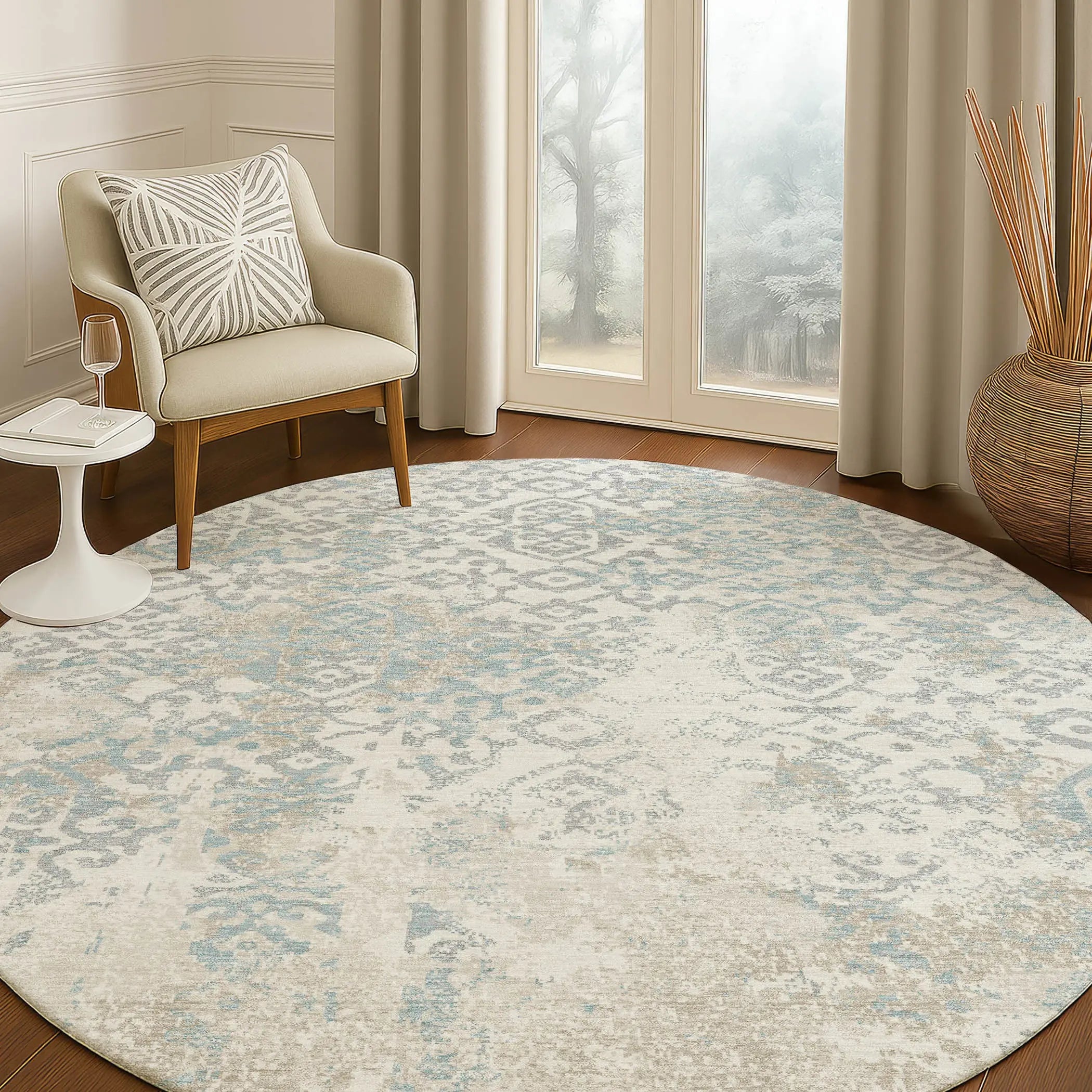 8' Ivory And Blue Round Oriental Washable Indoor Outdoor Area Rug Homeroots Outdoor