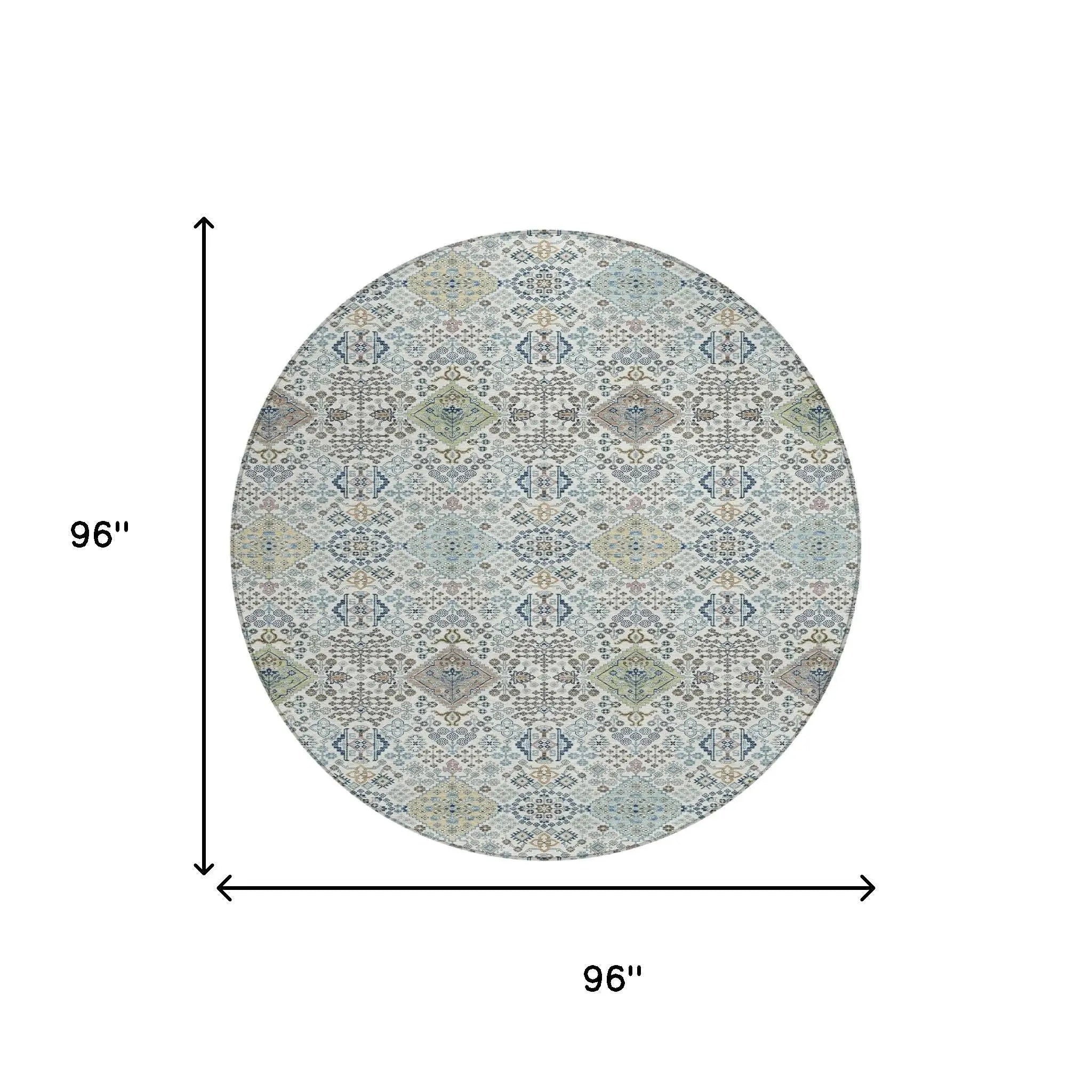 8' Ivory And Blue Round Oriental Washable Indoor Outdoor Area Rug Homeroots Outdoor