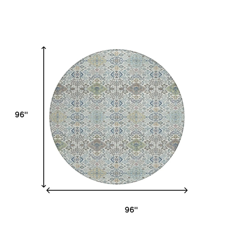 8' Ivory And Blue Round Oriental Washable Indoor Outdoor Area Rug Homeroots Outdoor