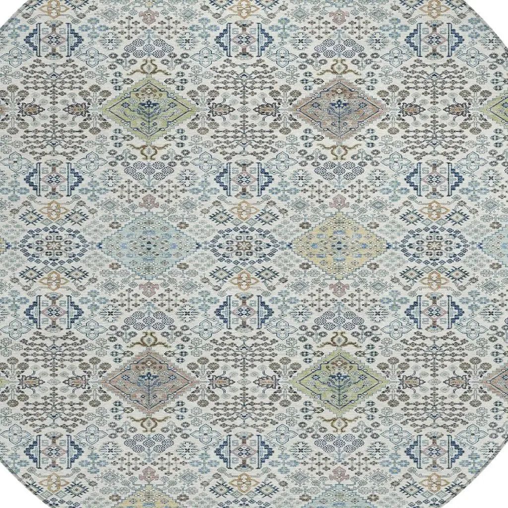 8' Ivory And Blue Round Oriental Washable Indoor Outdoor Area Rug Homeroots Outdoor