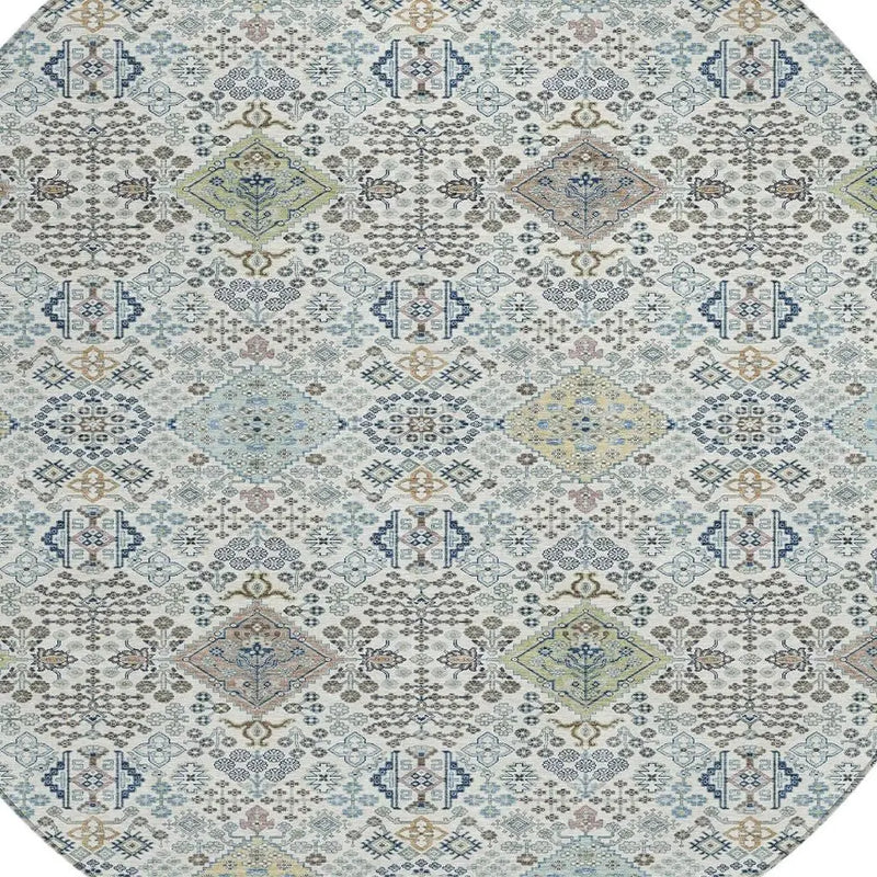 8' Ivory And Blue Round Oriental Washable Indoor Outdoor Area Rug Homeroots Outdoor