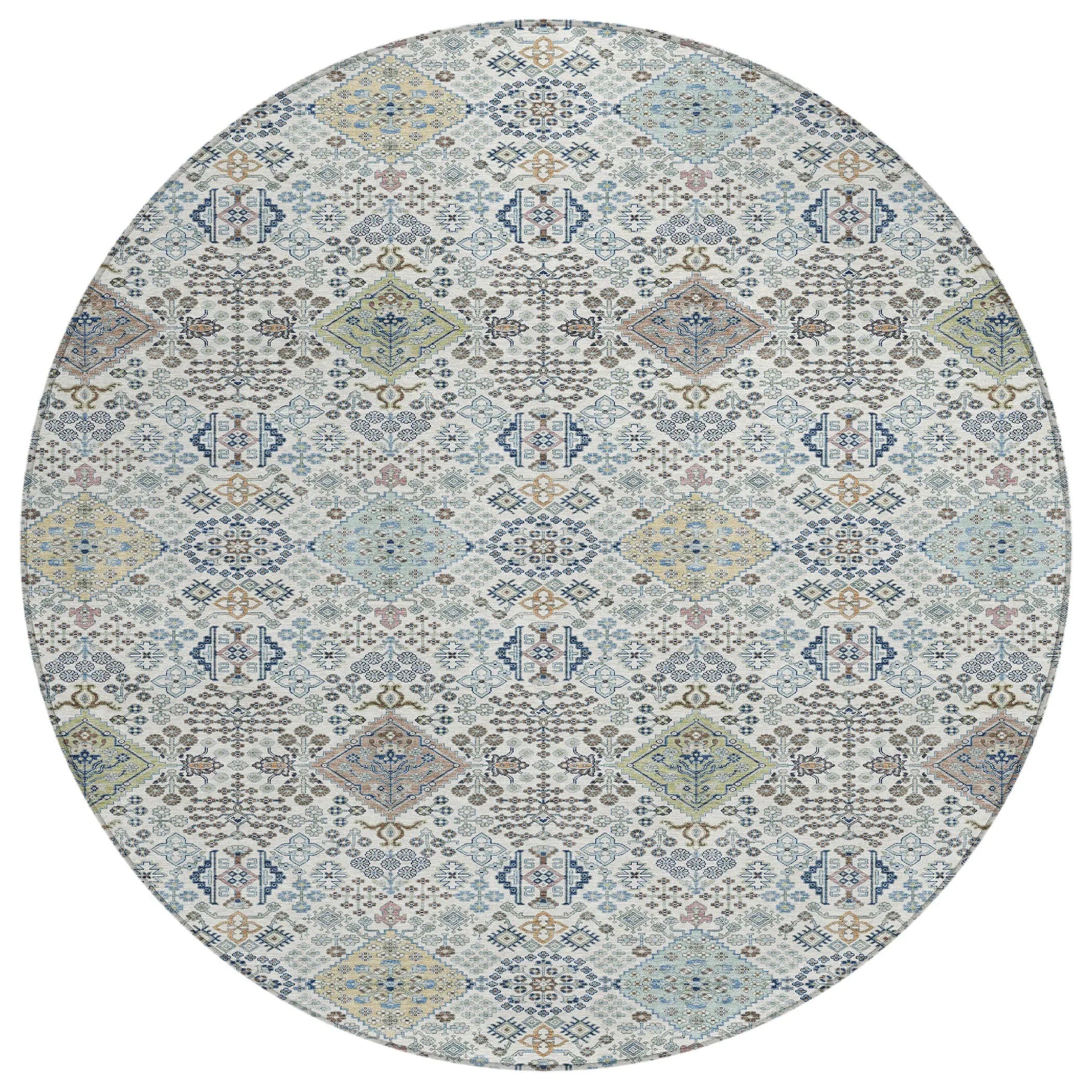 8' Ivory And Blue Round Oriental Washable Indoor Outdoor Area Rug Homeroots Outdoor
