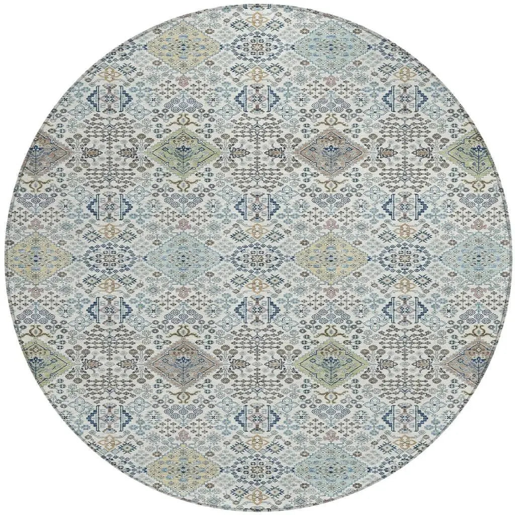 8' Ivory And Blue Round Oriental Washable Indoor Outdoor Area Rug Homeroots Outdoor