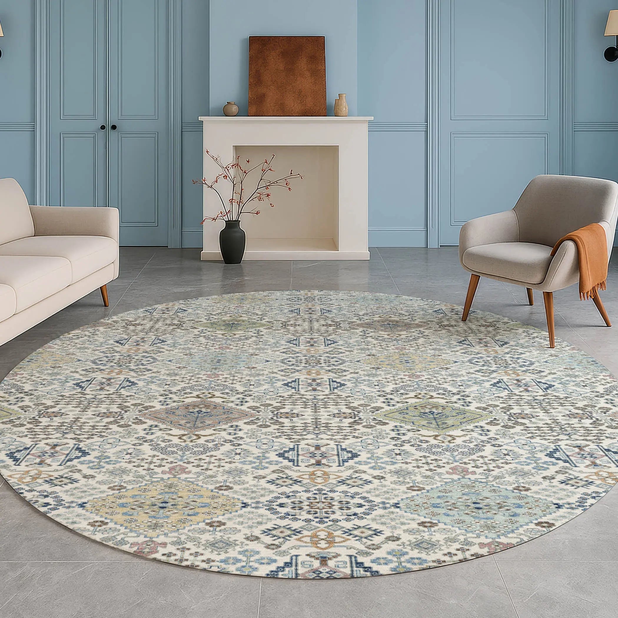 8' Ivory And Blue Round Oriental Washable Indoor Outdoor Area Rug Homeroots Outdoor