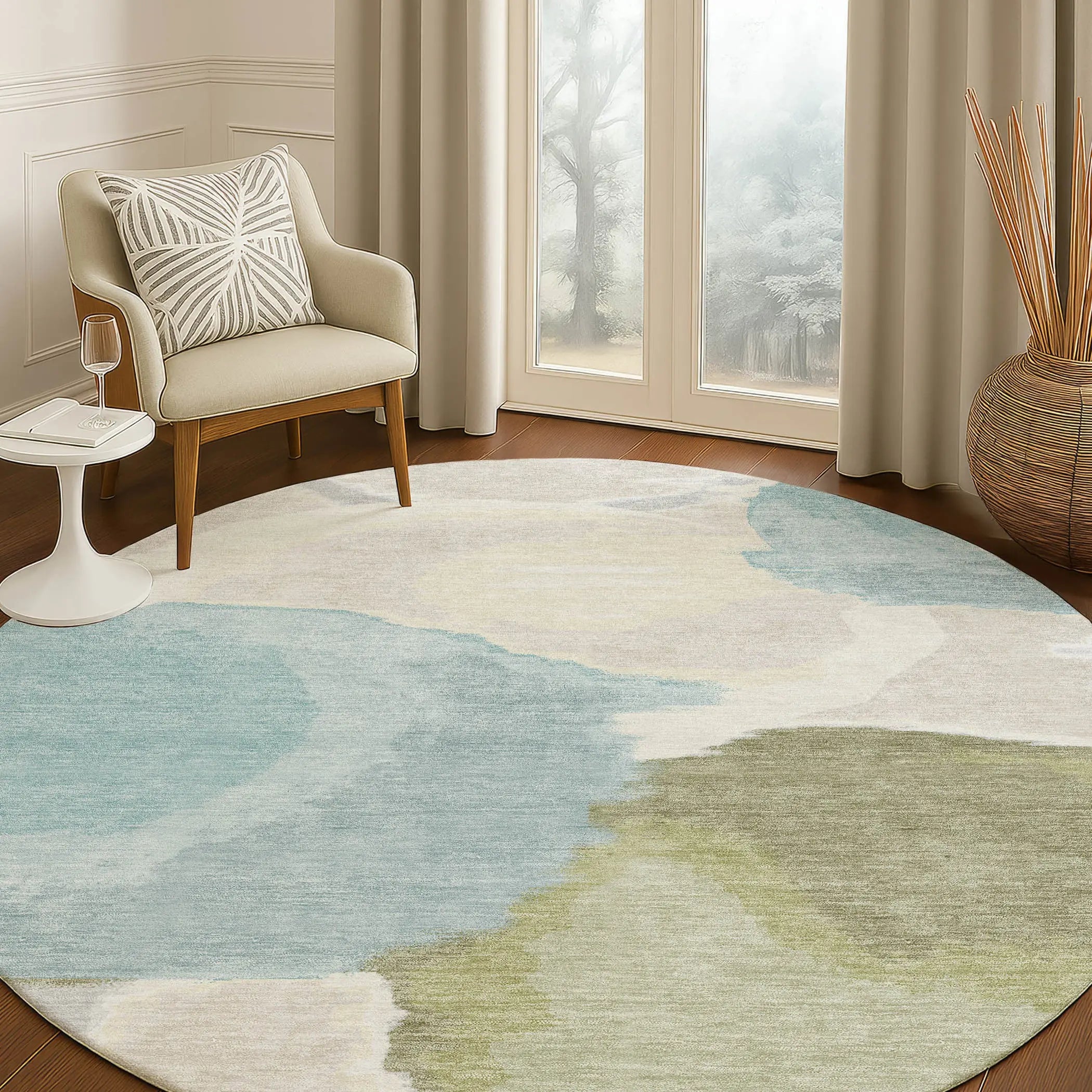 8' Ivory And Brown Round Abstract Washable Indoor Outdoor Area Rug Homeroots Outdoor