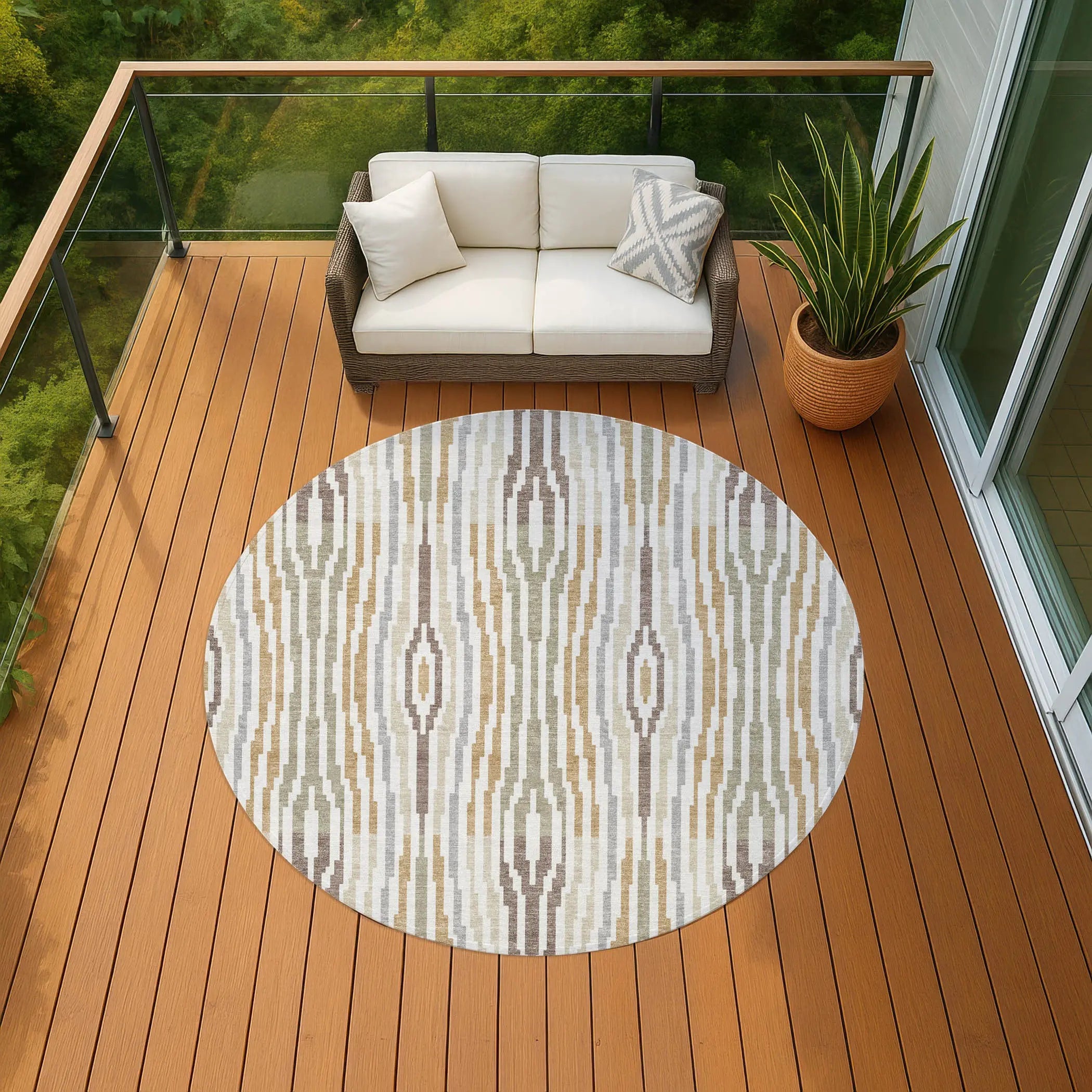 8' Ivory And Brown Round Abstract Washable Indoor Outdoor Area Rug Homeroots Outdoor