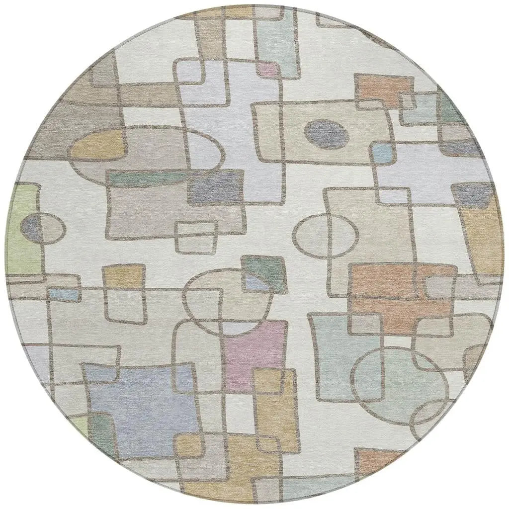 8' Ivory And Brown Round Geometric Washable Indoor Outdoor Area Rug Homeroots Outdoor