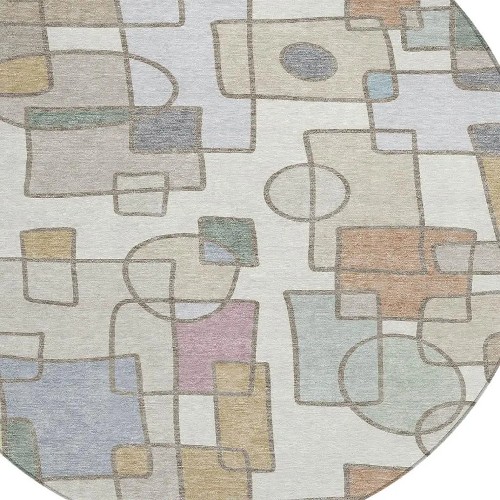 8' Ivory And Brown Round Geometric Washable Indoor Outdoor Area Rug Homeroots Outdoor