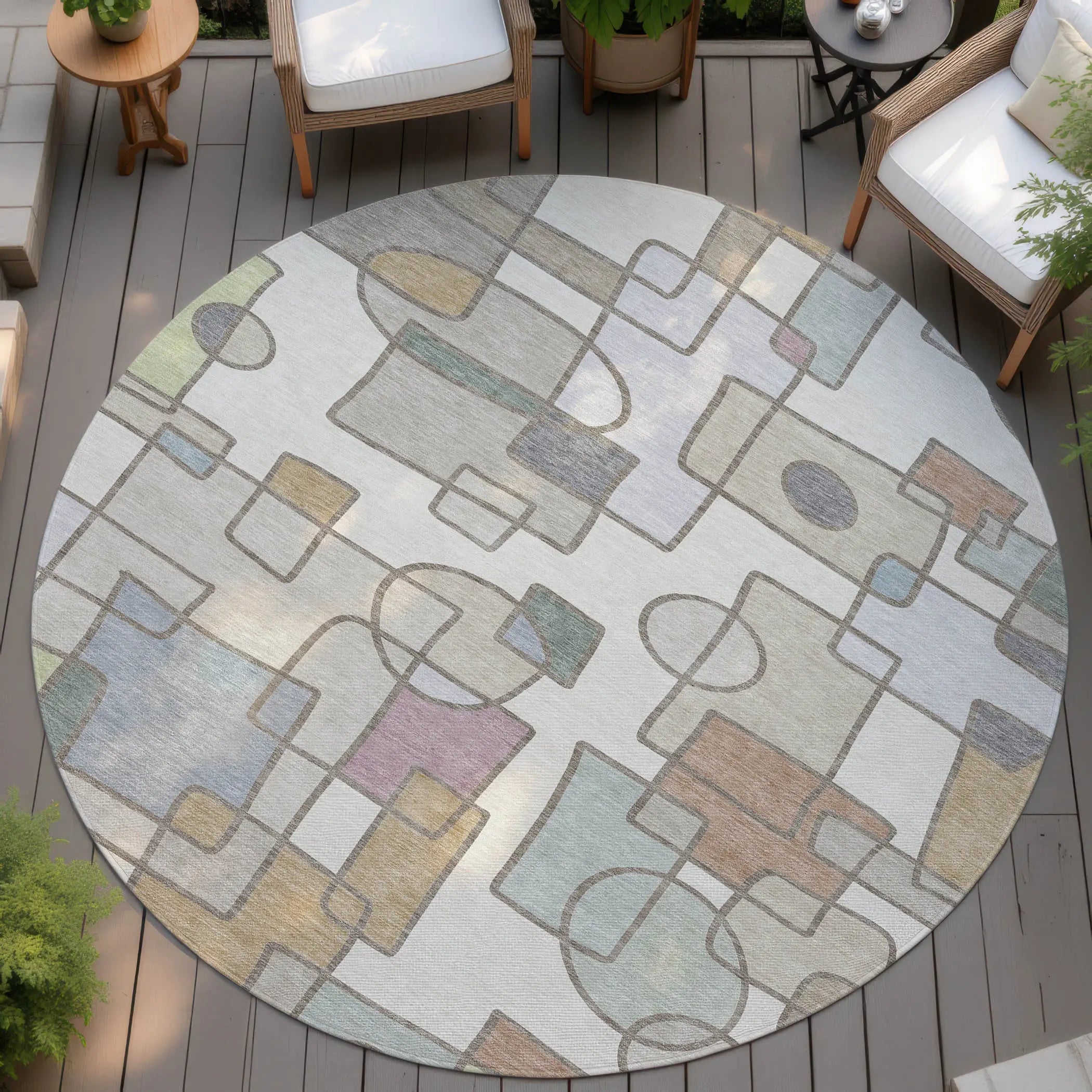 8' Ivory And Brown Round Geometric Washable Indoor Outdoor Area Rug Homeroots Outdoor