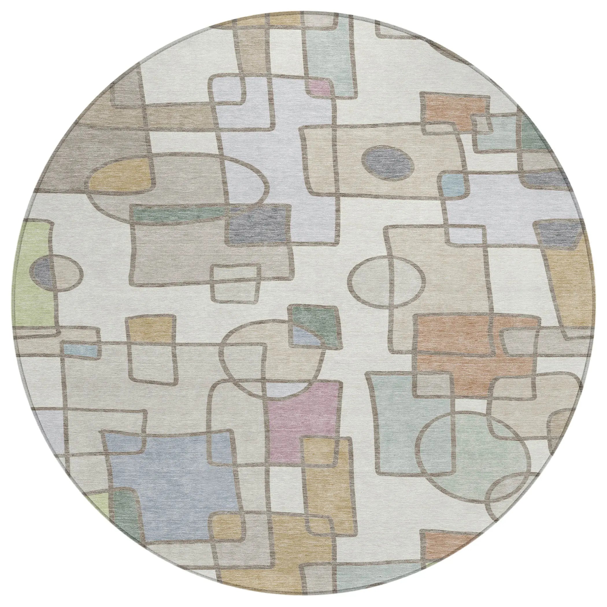 8' Ivory And Brown Round Geometric Washable Indoor Outdoor Area Rug Homeroots Outdoor