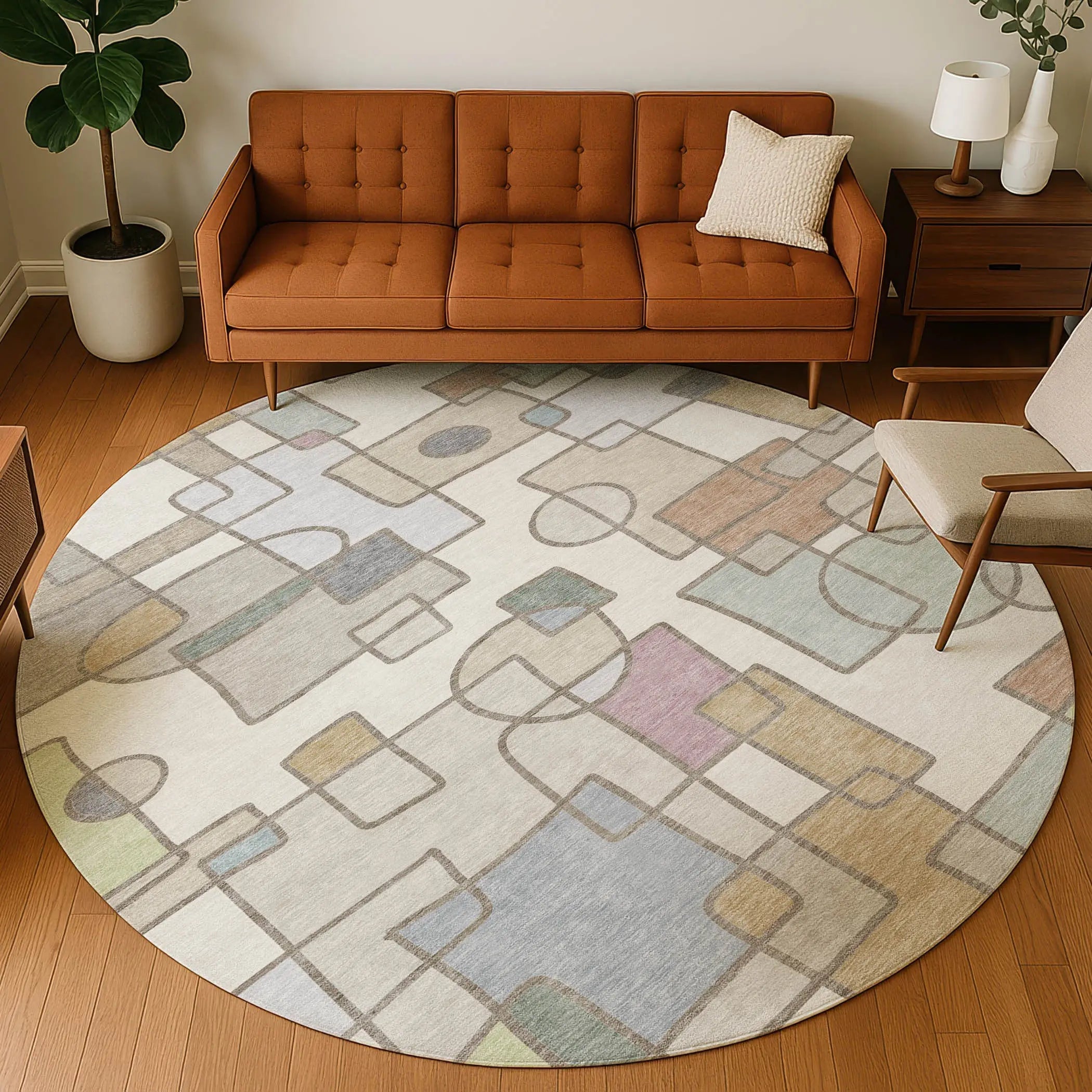8' Ivory And Brown Round Geometric Washable Indoor Outdoor Area Rug Homeroots Outdoor
