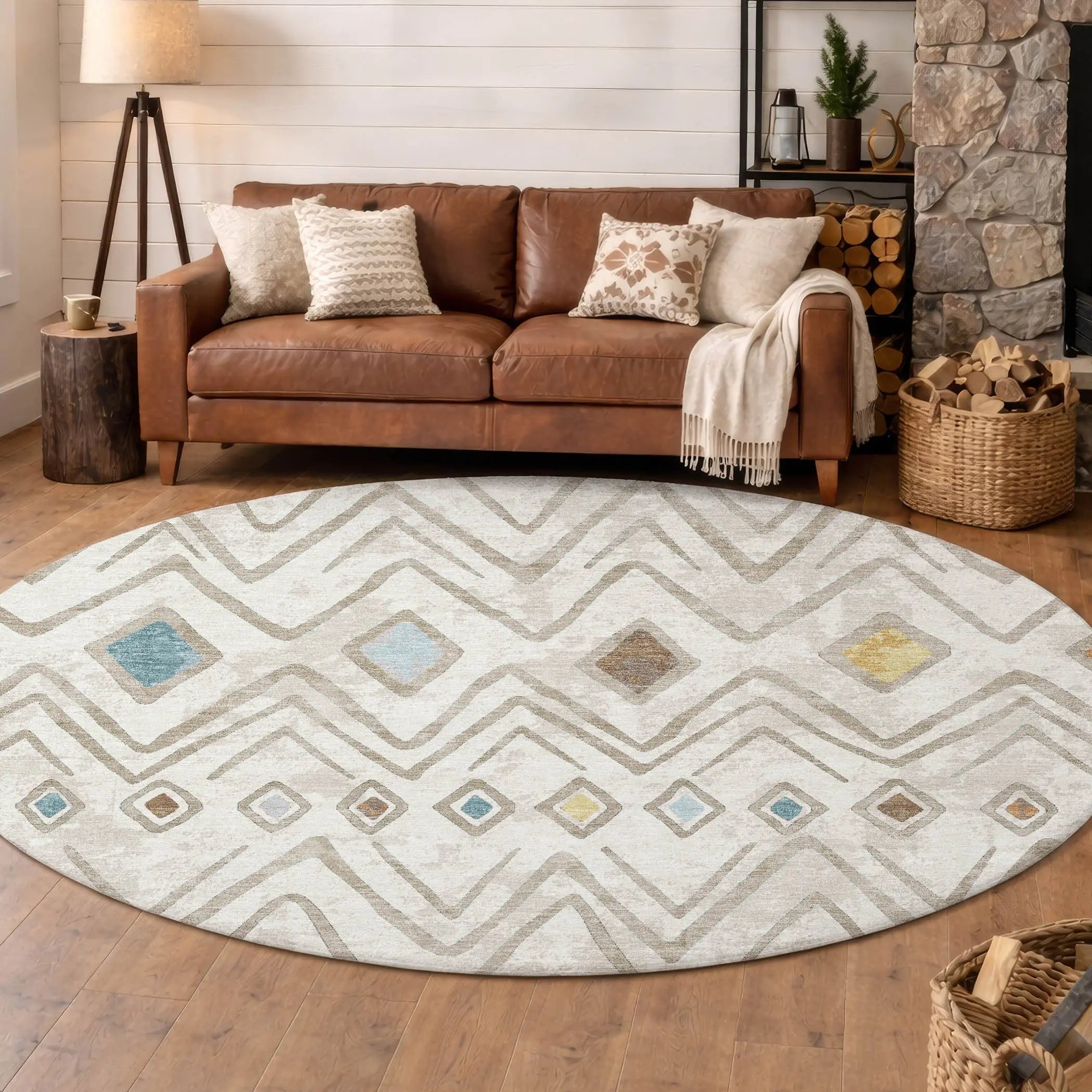8' Ivory And Brown Round Geometric Washable Indoor Outdoor Area Rug Homeroots Outdoor