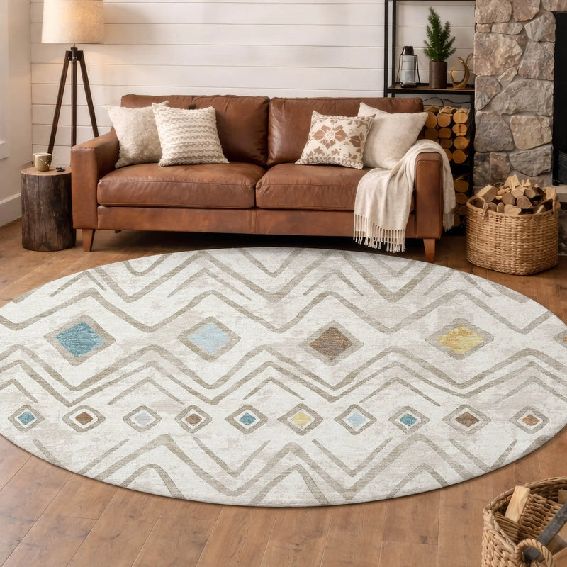 8' Ivory And Brown Round Geometric Washable Indoor Outdoor Area Rug Homeroots Outdoor