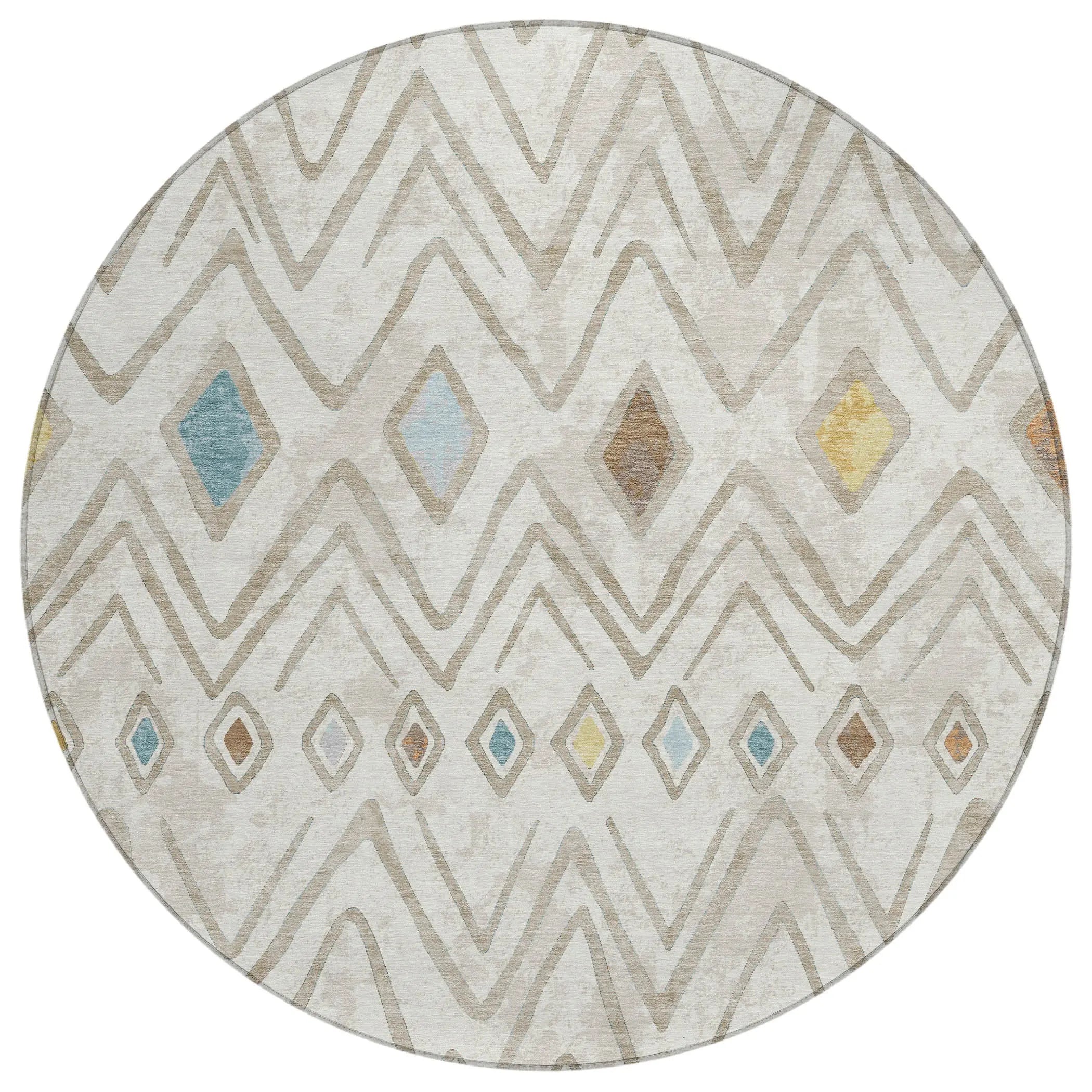8' Ivory And Brown Round Geometric Washable Indoor Outdoor Area Rug Homeroots Outdoor