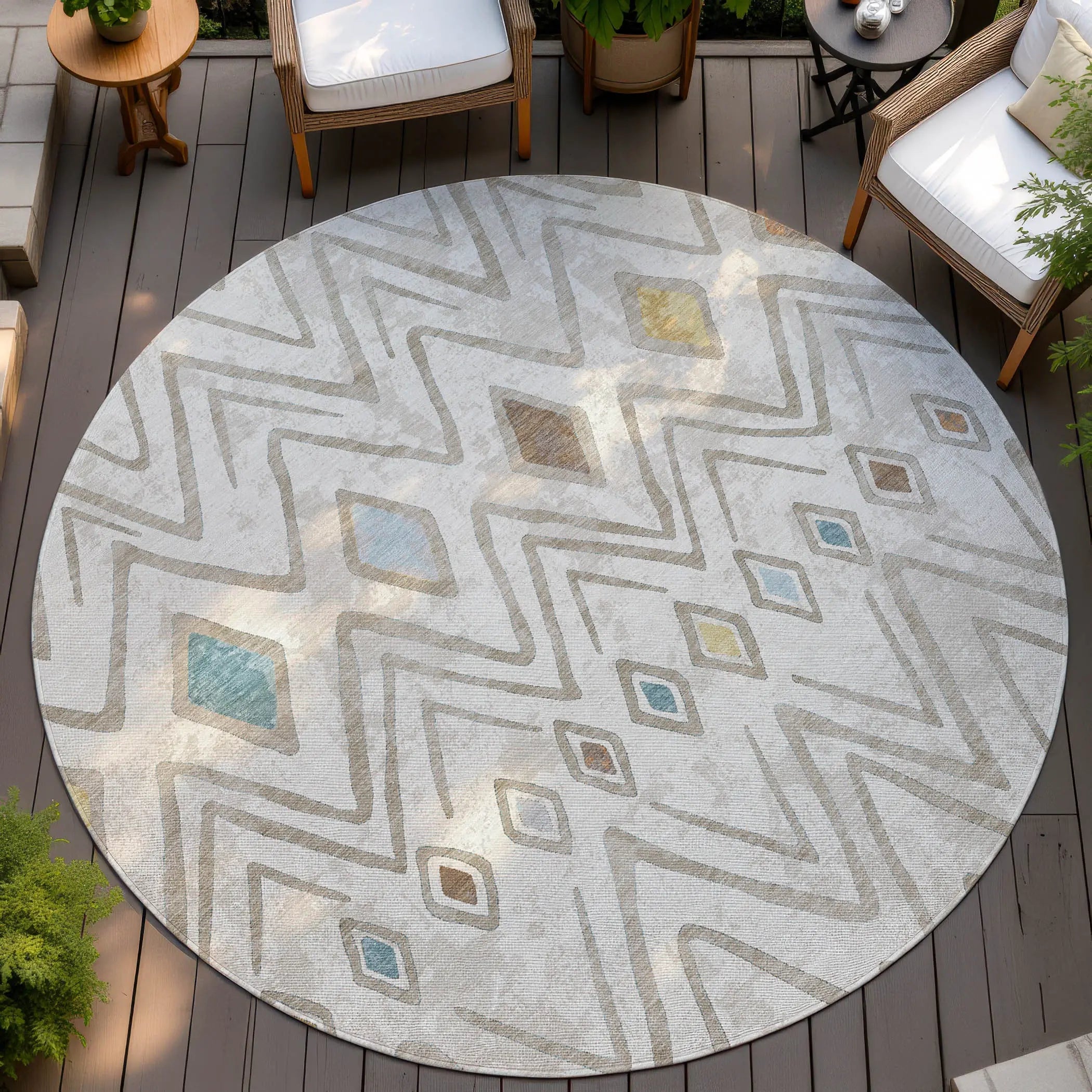 8' Ivory And Brown Round Geometric Washable Indoor Outdoor Area Rug Homeroots Outdoor
