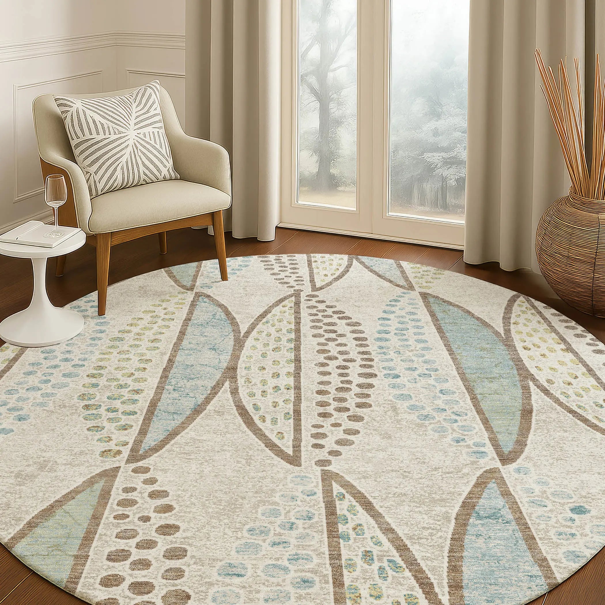8' Ivory And Brown Round Geometric Washable Indoor Outdoor Area Rug Homeroots Outdoor