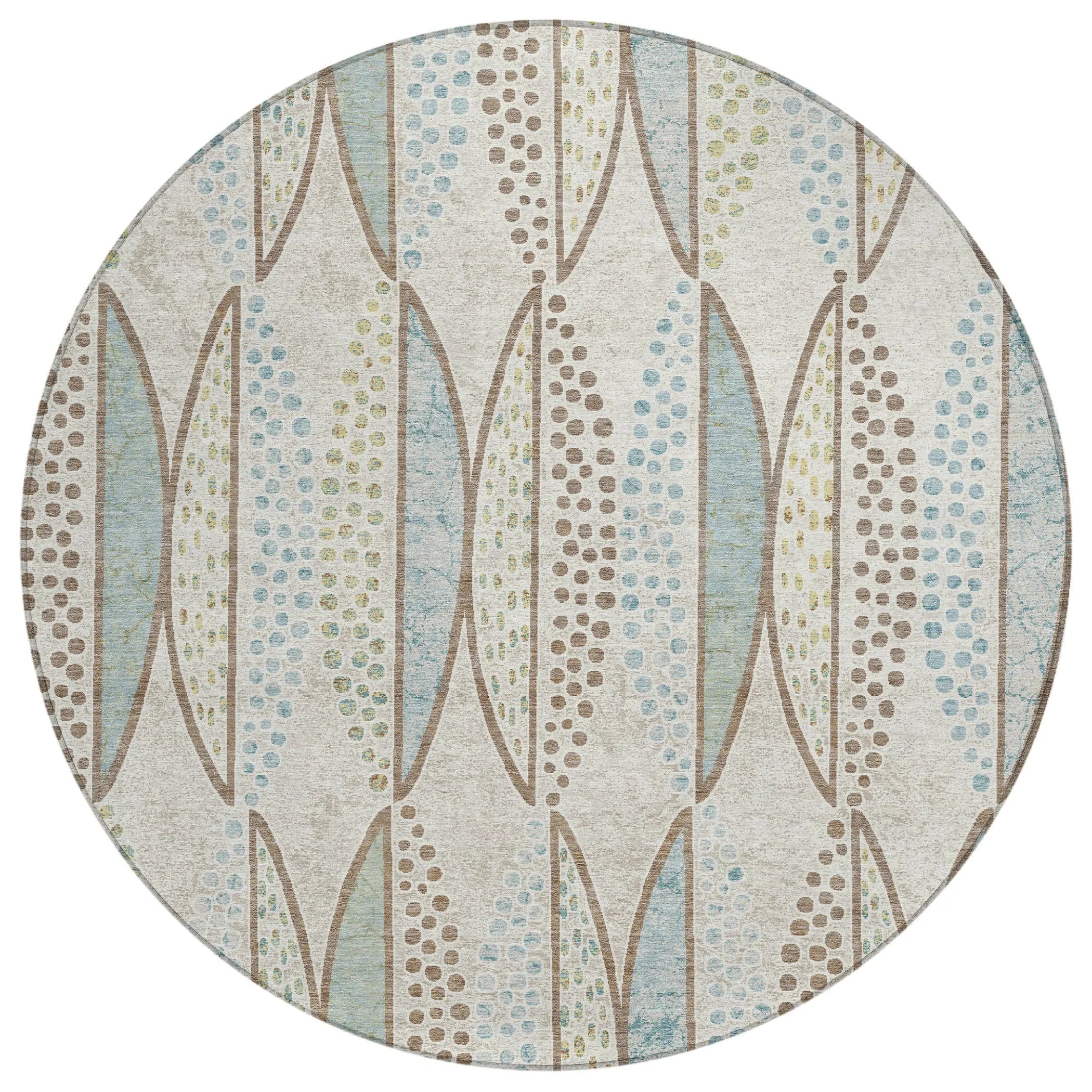 8' Ivory And Brown Round Geometric Washable Indoor Outdoor Area Rug Homeroots Outdoor