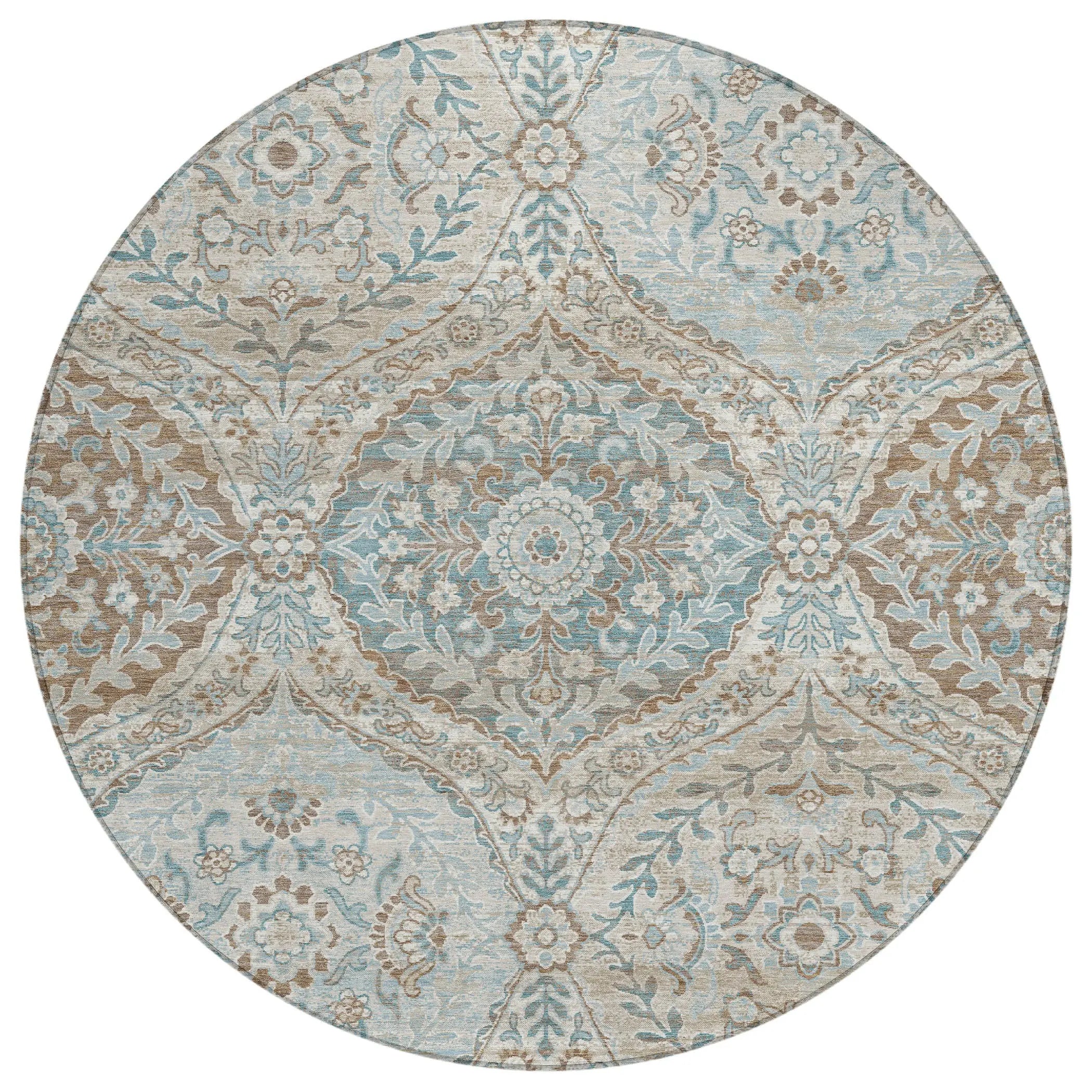8' Ivory And Brown Round Ogee Washable Indoor Outdoor Area Rug Homeroots Outdoor