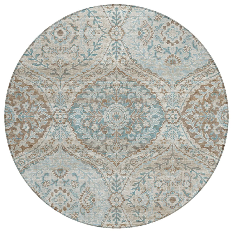 8' Ivory And Brown Round Ogee Washable Indoor Outdoor Area Rug Homeroots Outdoor