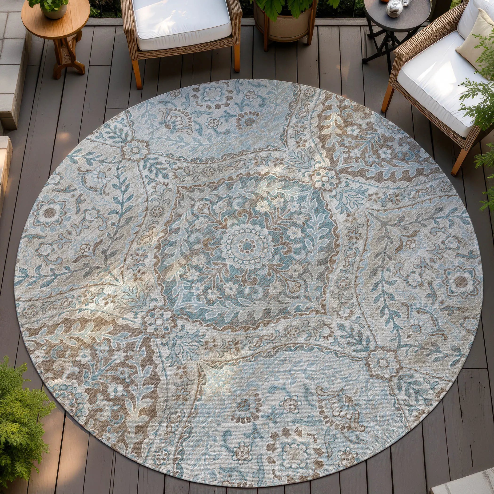 8' Ivory And Brown Round Ogee Washable Indoor Outdoor Area Rug Homeroots Outdoor