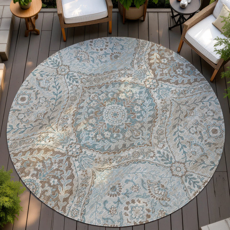 8' Ivory And Brown Round Ogee Washable Indoor Outdoor Area Rug Homeroots Outdoor