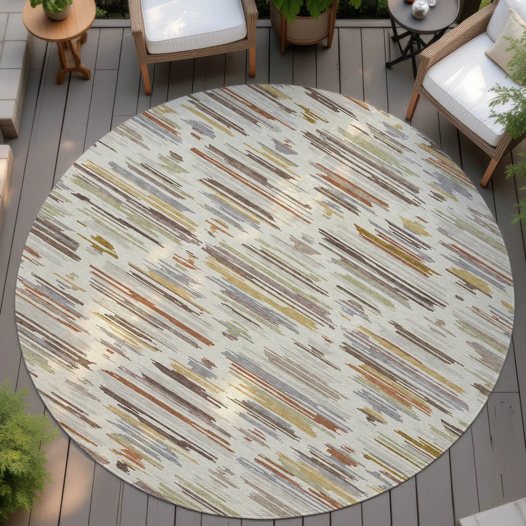 8' Ivory And Brown Round Southwestern Washable Indoor Outdoor Area Rug Homeroots Outdoor