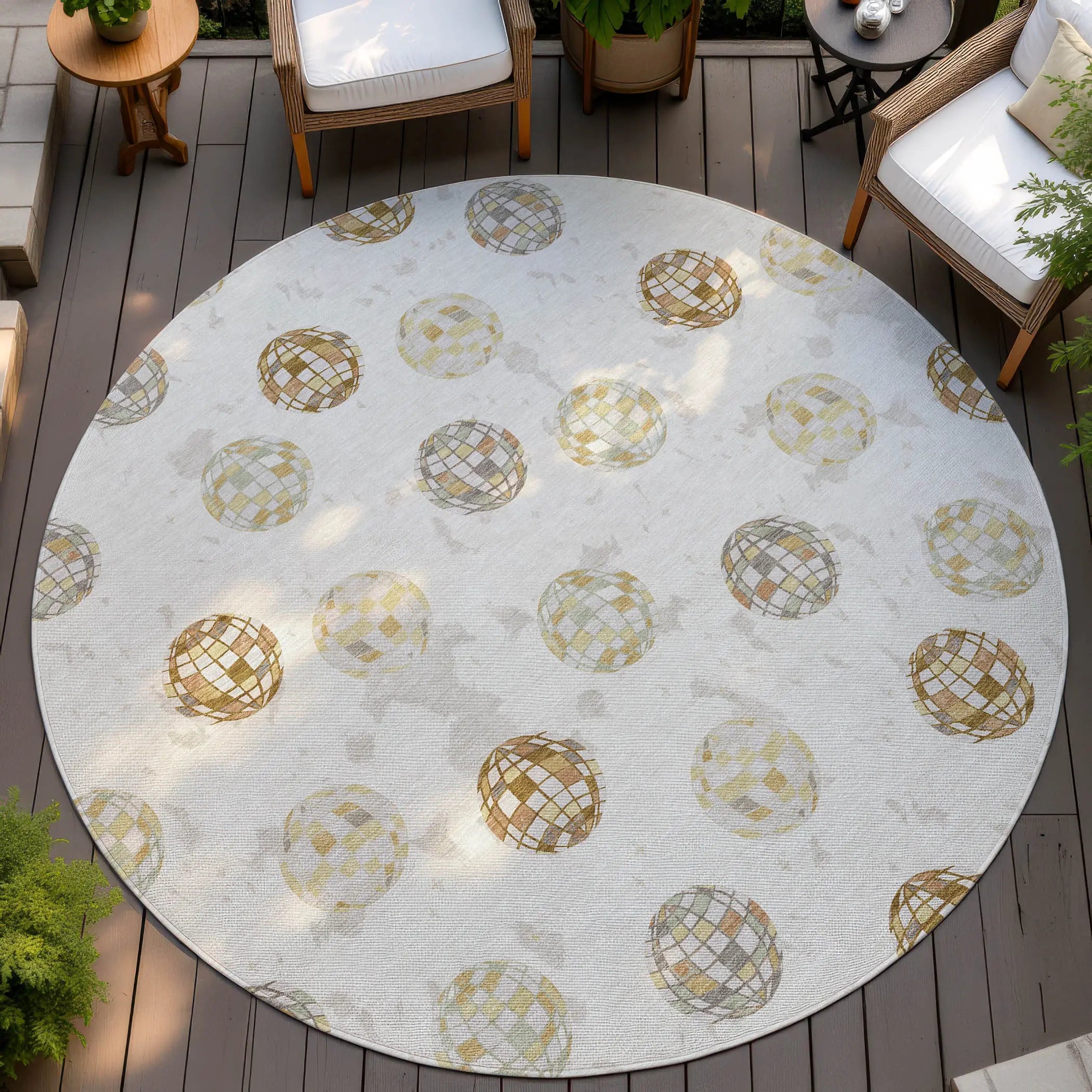 8' Ivory And Copper Round Geometric Washable Indoor Outdoor Area Rug Homeroots Outdoor