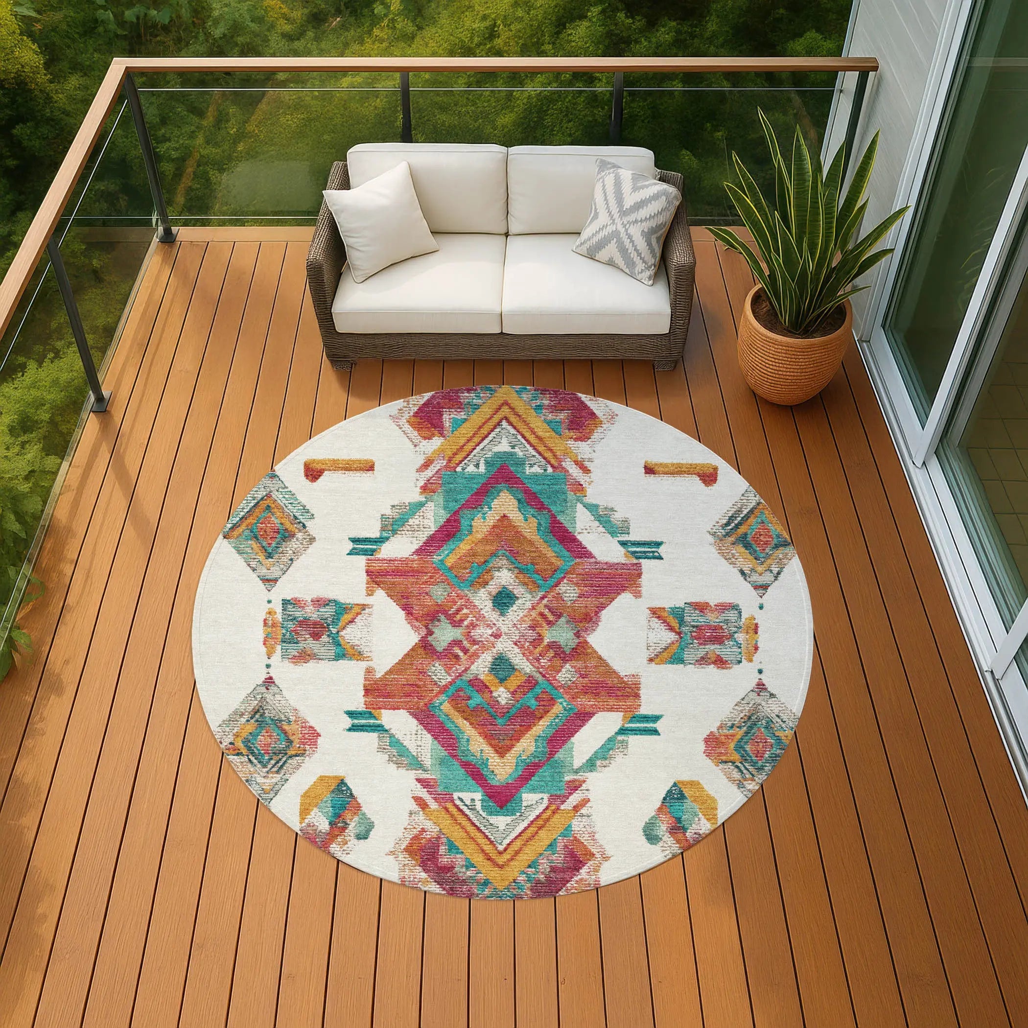 8' Ivory And Coral Round Tribal Washable Indoor Outdoor Area Rug Homeroots Outdoor