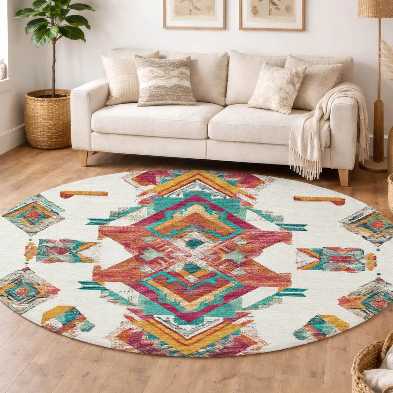 8' Ivory And Coral Round Tribal Washable Indoor Outdoor Area Rug Homeroots Outdoor