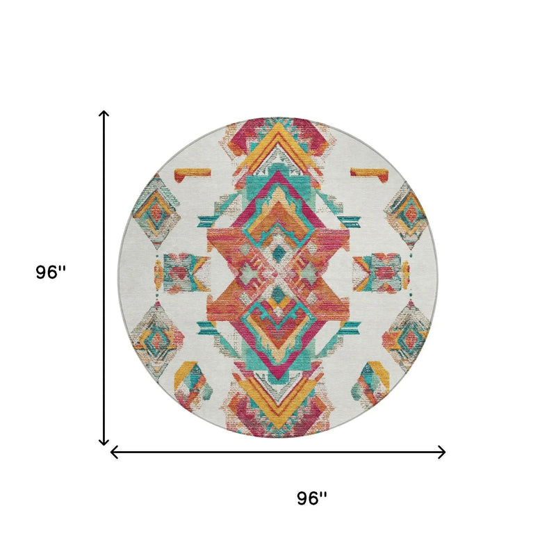 8' Ivory And Coral Round Tribal Washable Indoor Outdoor Area Rug Homeroots Outdoor