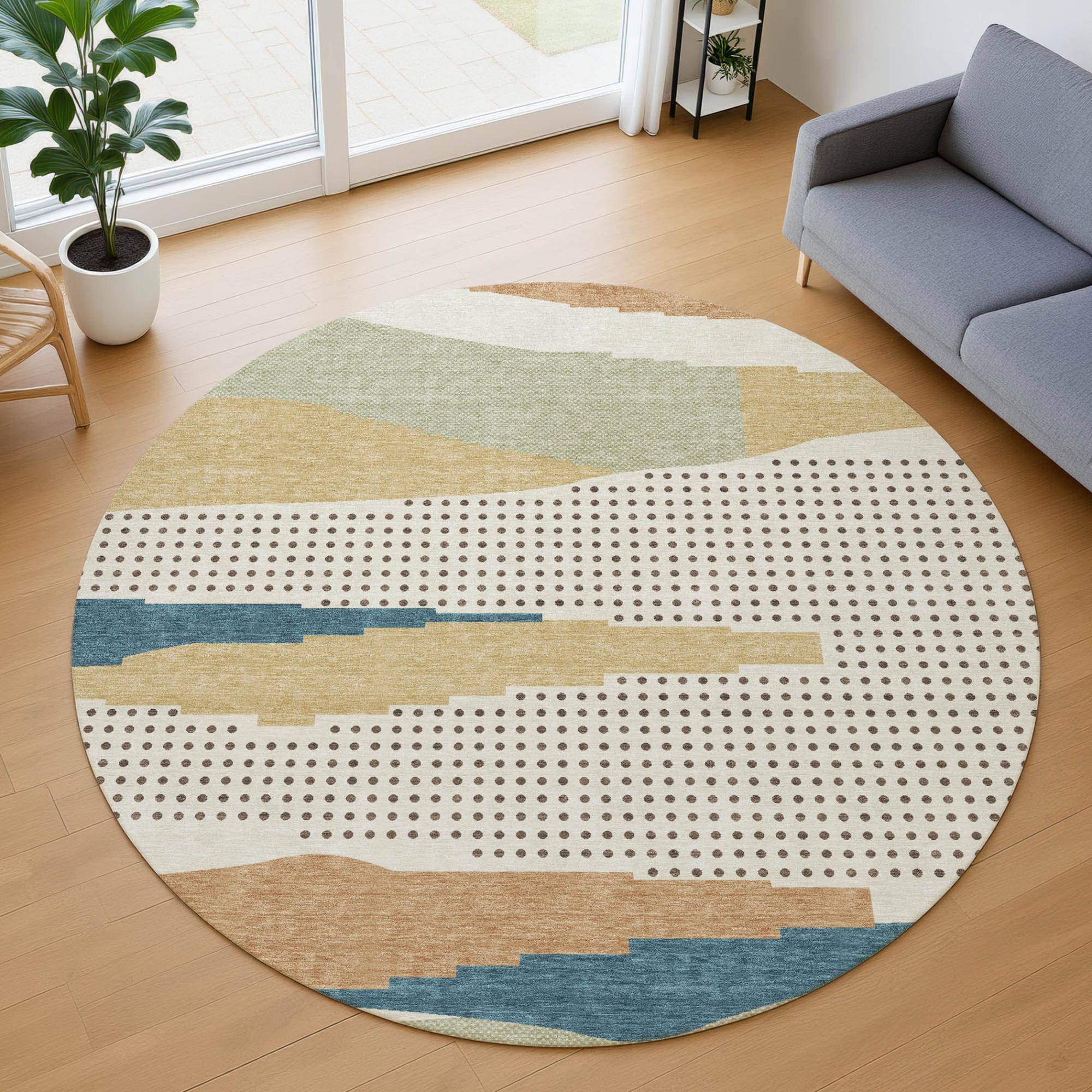 8' Ivory And Cream Round Abstract Washable Indoor Outdoor Area Rug Homeroots Outdoor