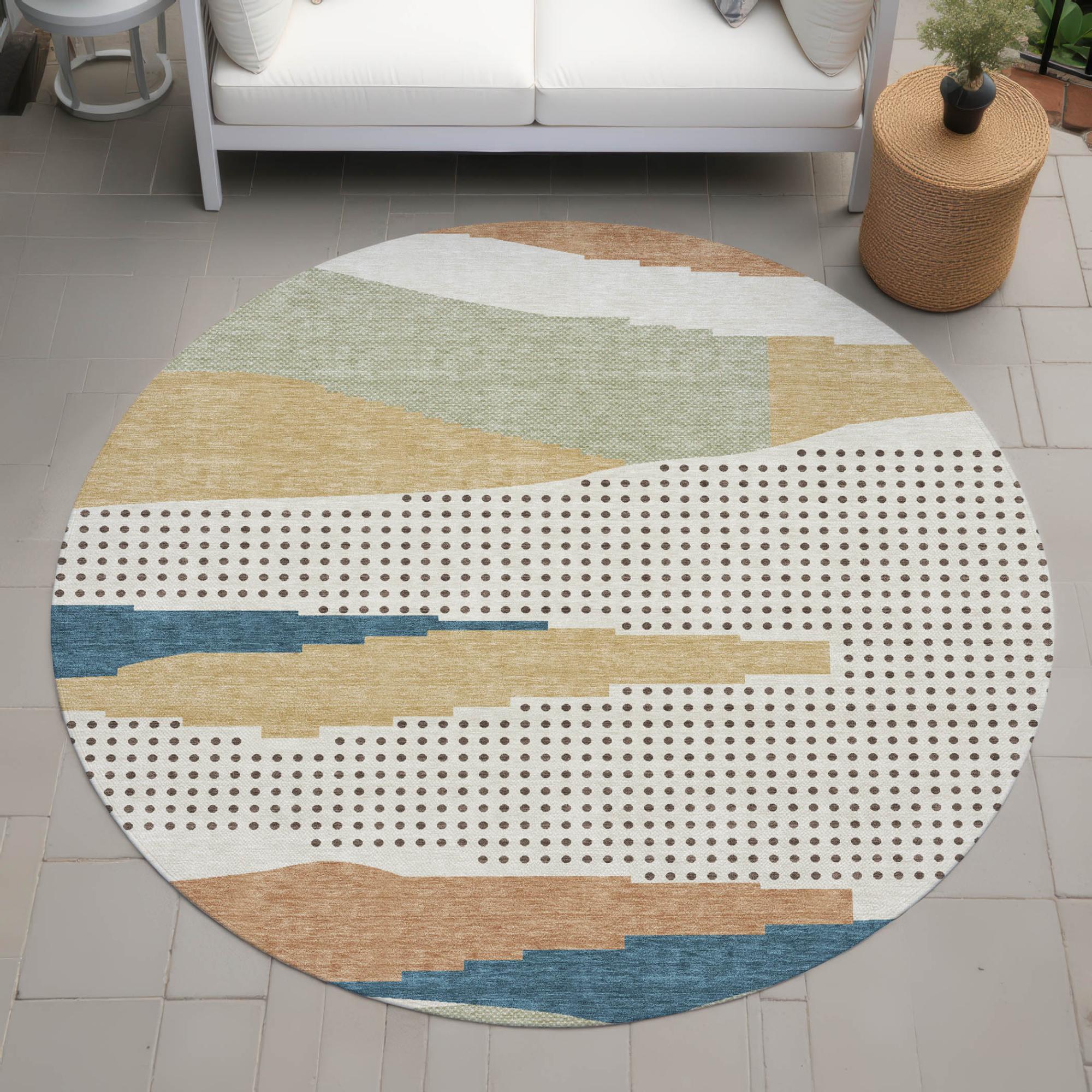 8' Ivory And Cream Round Abstract Washable Indoor Outdoor Area Rug Homeroots Outdoor