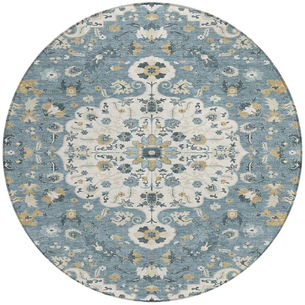 8' Ivory And Denim Blue Round Floral Medallion Washable Indoor Outdoor Area Rug Homeroots Outdoor