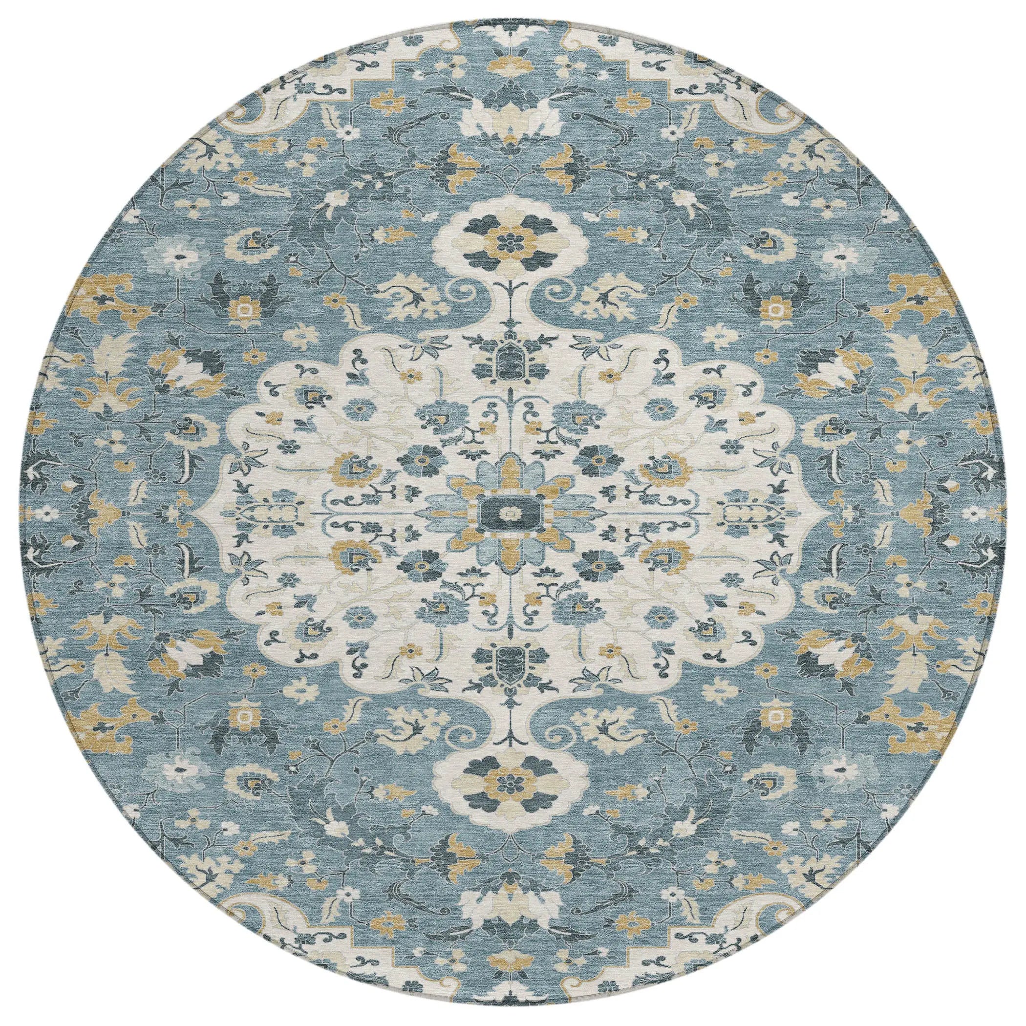 8' Ivory And Denim Blue Round Floral Medallion Washable Indoor Outdoor Area Rug Homeroots Outdoor