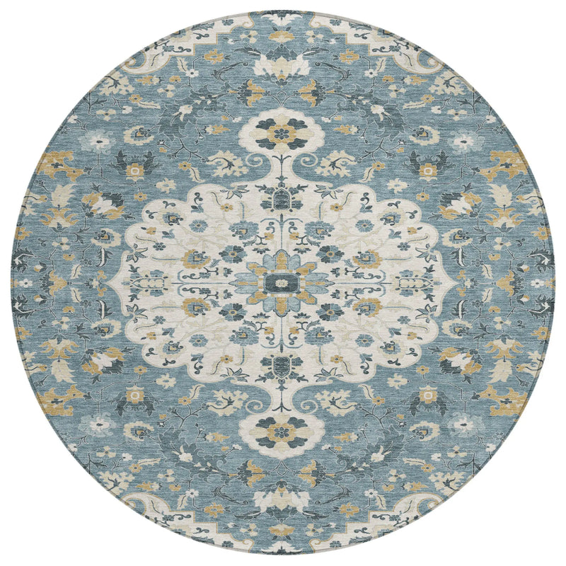 8' Ivory And Denim Blue Round Floral Medallion Washable Indoor Outdoor Area Rug Homeroots Outdoor