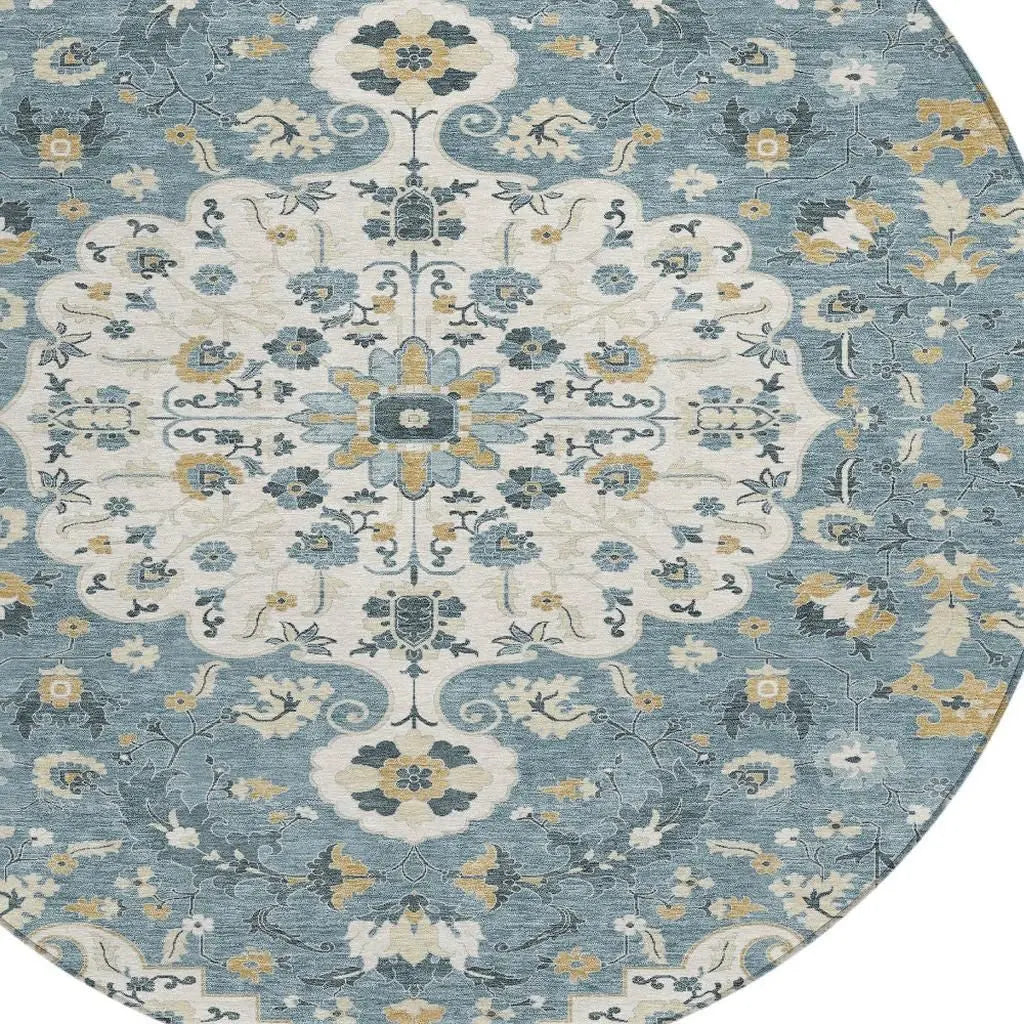 8' Ivory And Denim Blue Round Floral Medallion Washable Indoor Outdoor Area Rug Homeroots Outdoor