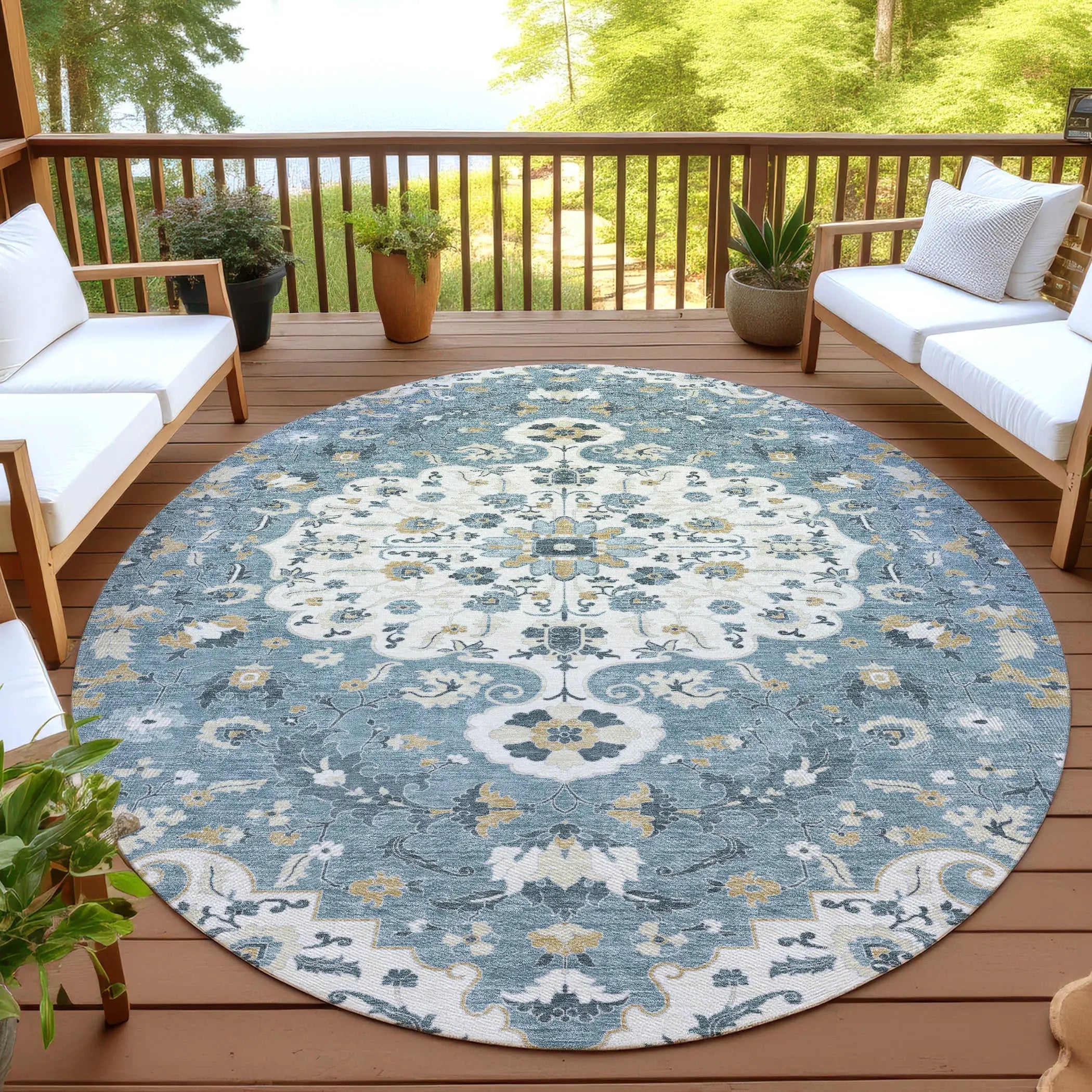 8' Ivory And Denim Blue Round Floral Medallion Washable Indoor Outdoor Area Rug Homeroots Outdoor