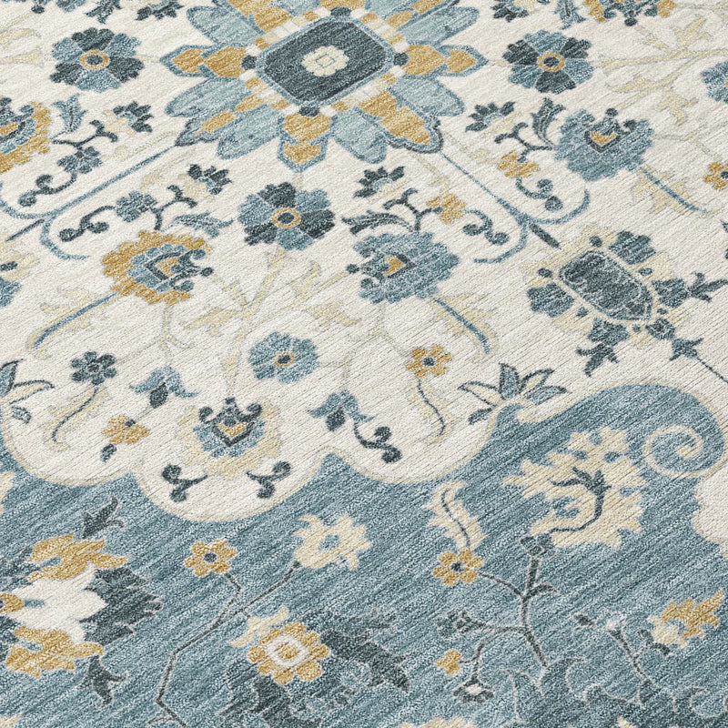 8' Ivory And Denim Blue Round Floral Medallion Washable Indoor Outdoor Area Rug Homeroots Outdoor